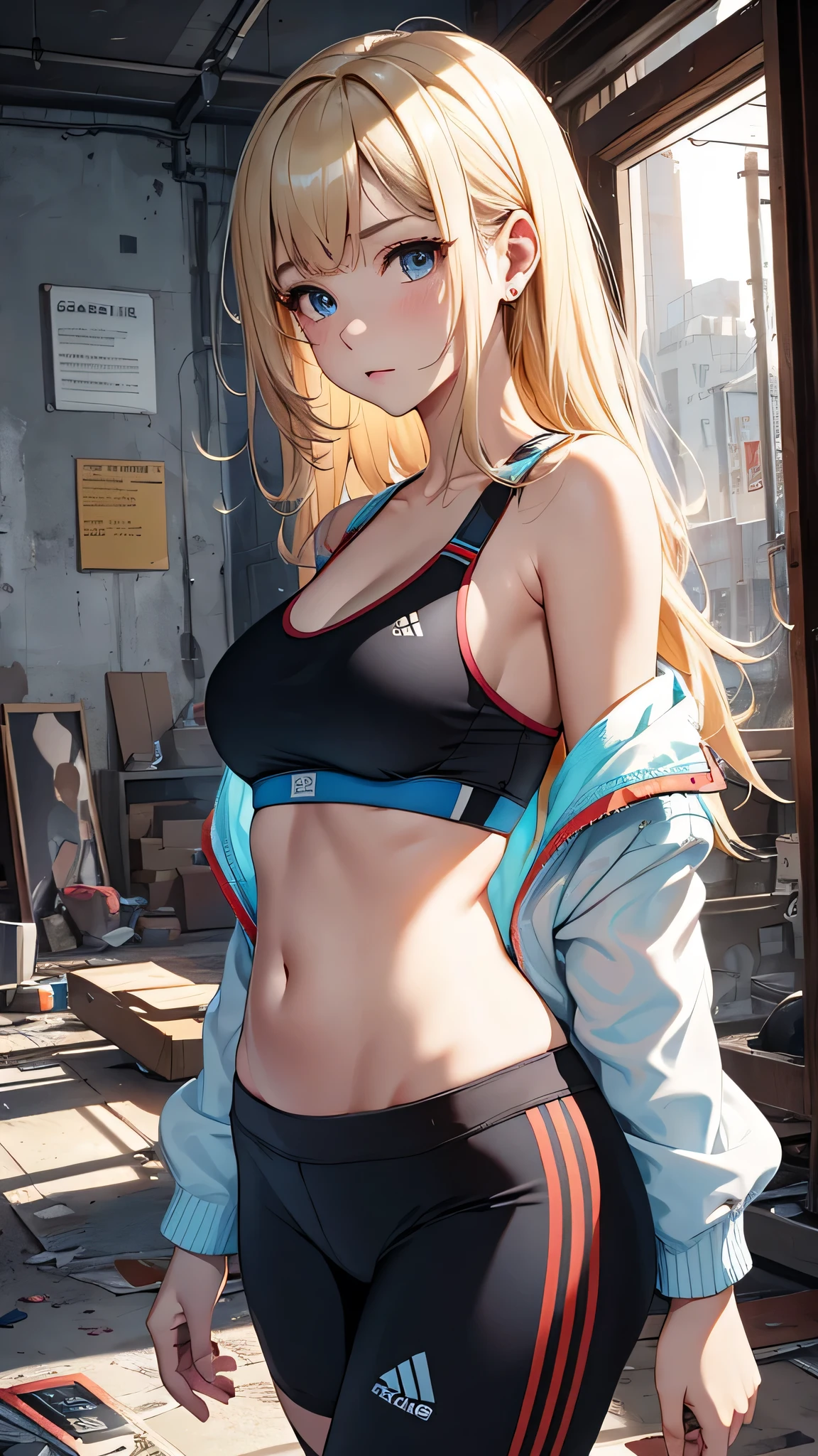 最high quality、best image quality、masterpiece、teenage girl((20-year-old、 By becoming、vest bust、medium bust,wide open breast tea、black eye, blonde hair、long hair、thin,highest valley、blue sports bra(1:2)、Blue sports pants、punch、sweating、scattering of sweat)),high quality、beautiful art、background((dilapidated store、bad group))debris flies、Depth of written boundary、movie、visual art、perfect art、8k,genuine、