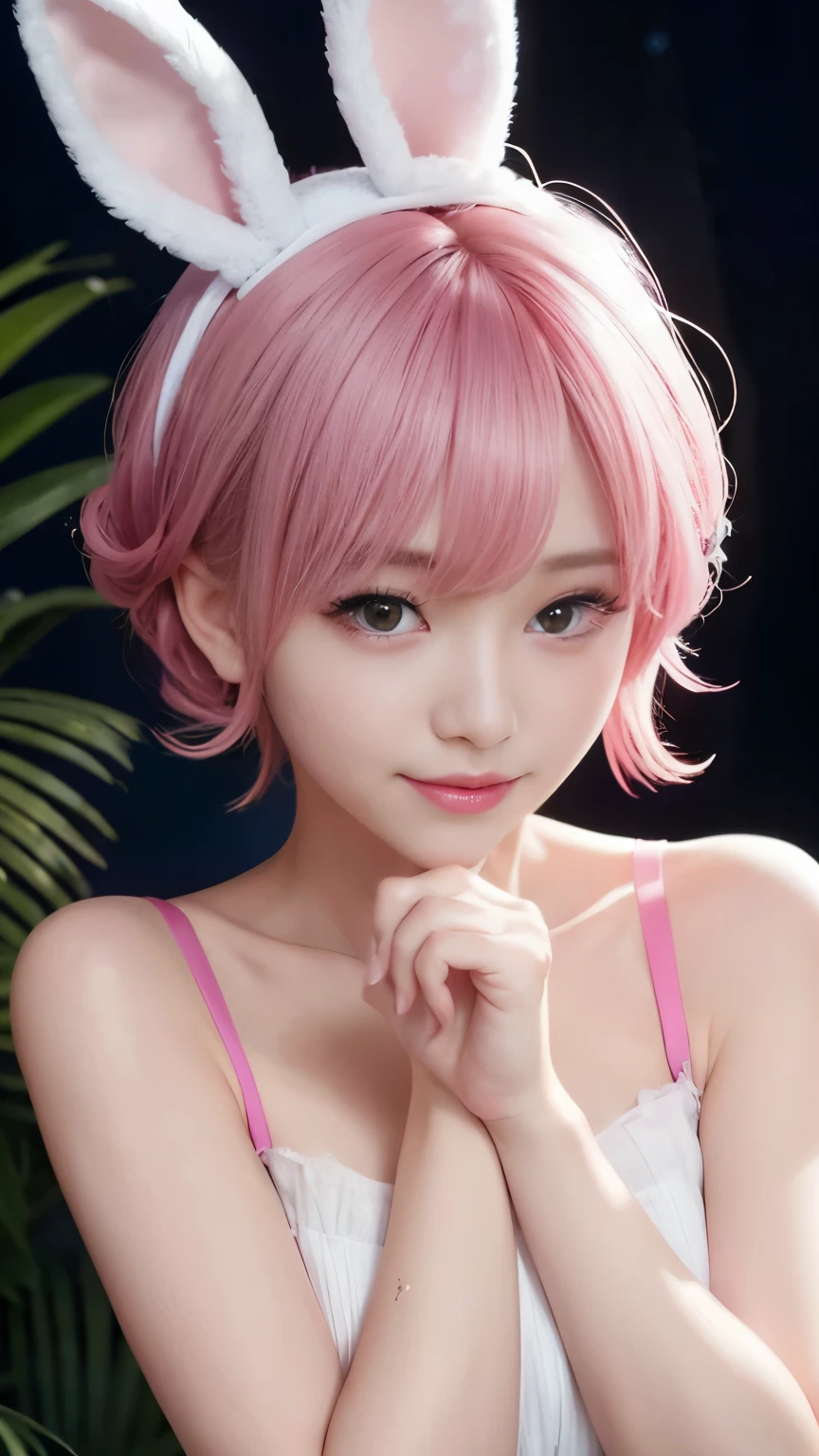 pink bunny ears、midnight、Midnight Party、take a bath、lie down、夜のopen-air bath、late night、bubble bath、cover your chest with your arms、open-air bath、Soak in a secret hot spring、Long-established inn、Tang Yan、Hide with a white towel、pink short hair、pink hair color、wrap a bath towel、sprinkle with white cloth、pink bunny ears sticking out from head、the woman is japanese、K-pop、cute face、small underwear、muste piece、Transparent white skin、pink hair、beautiful rabbit woman、Healthy five fingers with no irregularities、normal number of fingers、small breasts、short cut bob、不快感のないAnatomically correct number of fingers、beautiful nose、beautiful eyes、pink short hair、(8K, highest quality, masterpiece:1.2), (real, photorealistic:1.37)、cute、(A sluggish smile:1.15)、(smile)、small breasts、（short hair：1.2）、master piece、ピンクのshort cut bob、realなウサギの耳、ピンクのrealなウサギの耳、頭から突き出ているウサギのrealな耳、pink hair、A beautiful girl with a bewitching atmosphere、beautiful shaped hands、K-pop、pink bunny ears、1 girl、Report、masterpiece、highest quality、real、hyper detail、disorganized、短いpink hair、slender beauty、dynamic lighting、High resolution、sharp focus、Depth of the bounds written、(thick thighs:1.0)、slender :1.2，((short cut bobの髪))、((K-pop:1.3))，Highly detailed face and skin texture、((troublesome))，Anatomically correct number of fingers，correct anatomy