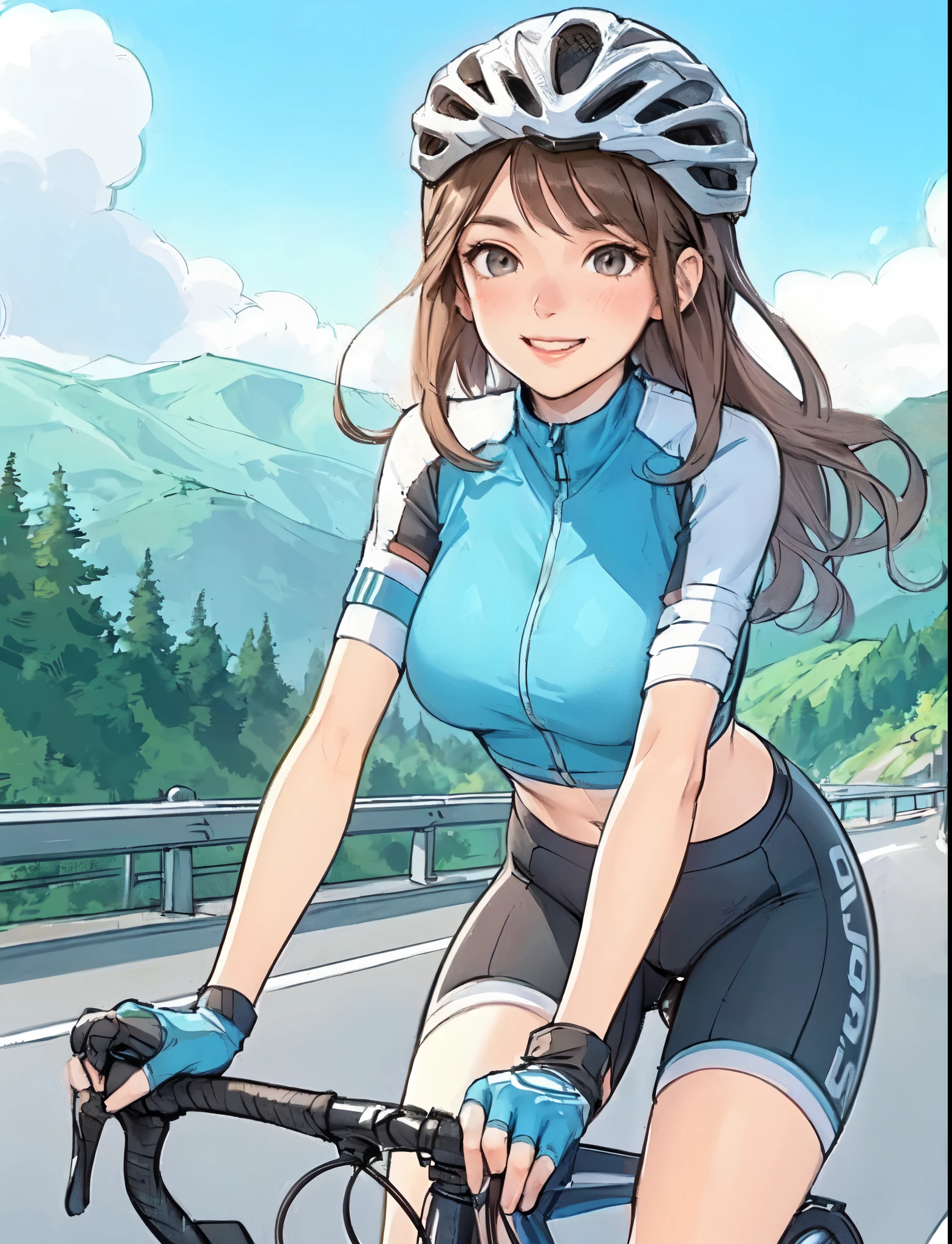 1lady solo, (riding road bike:1.2), (dressed in road bike attire) sporty stylish, helmet, mature female, /(light brown hair/) bangs, blush happy smile, (masterpiece best quality:1.2) delicate illustration ultra-detailed, large breasts BREAK (paved road in the mountains), outdoors, detailed background