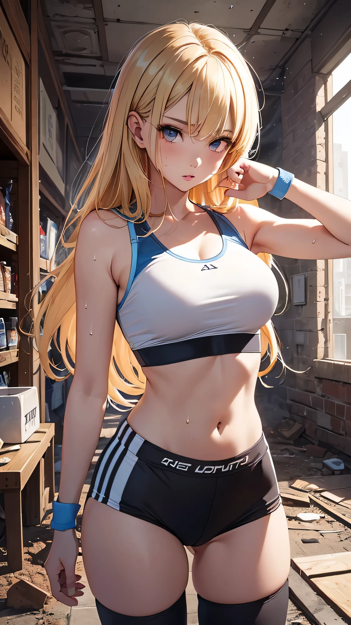 最high quality、best image quality、masterpiece、age girl((20-year-old、 By becoming、vest bust、medium bust,wide open breast tea、black eye, blonde hair、long hair、thin,highest valley、blue sports bra、Blue sports pants、Do push-ups、sweating、scattering of sweat)),high quality、beautiful art、background((black room))debris flies、Depth of written boundary、movie、visual art、perfect art、8k,genuine、erotic