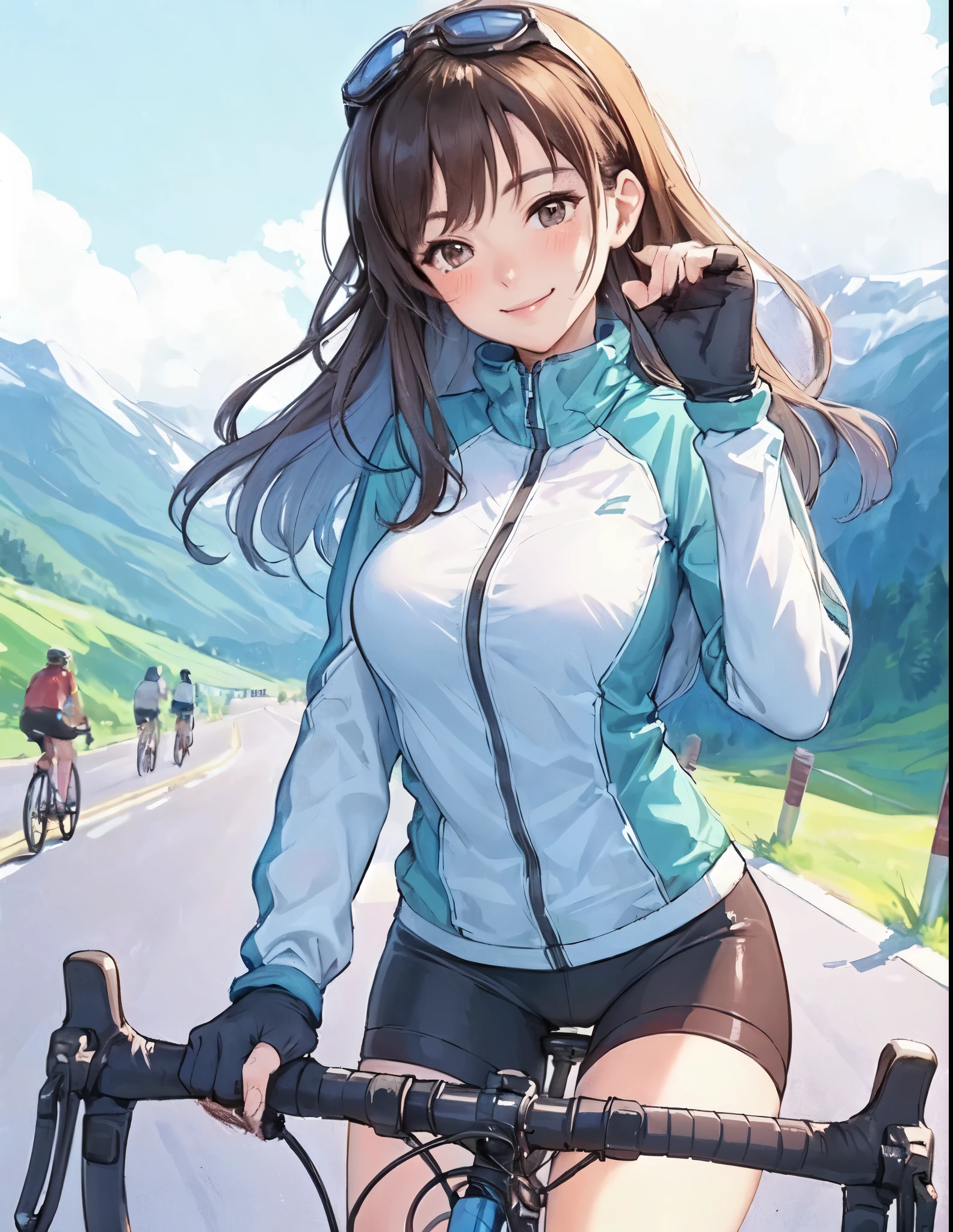1lady solo, (riding road bike:1.2), (dressed in road bike attire) sporty stylish, sunglasses, mature female, /(brown hair/) bangs, blush kind smile, (masterpiece best quality:1.2) delicate illustration ultra-detailed, large breasts BREAK (paved road in the mountains), outdoors, detailed background
