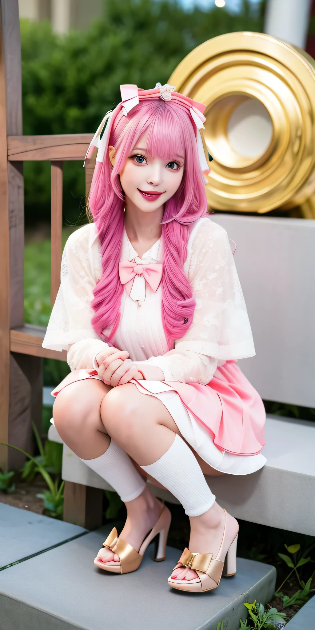 (8k, 4k, best quality, high resolution:1.2), (masterpiece, realistically, Real shot:1.37), 1 girl, alone, pretty face, eyelash, nose, glossy lips, (exquisite eyes, looking at the audience, fair skin, fair skin:1.5), Delicate skin tone, upper part of body,
big breasts,Plum,,,
Outdoor forest,
one side up,Ridiculously long hair,blonde,pink hair,through bangs,hair accessories,bow,
young,aged,first god,sweet rain