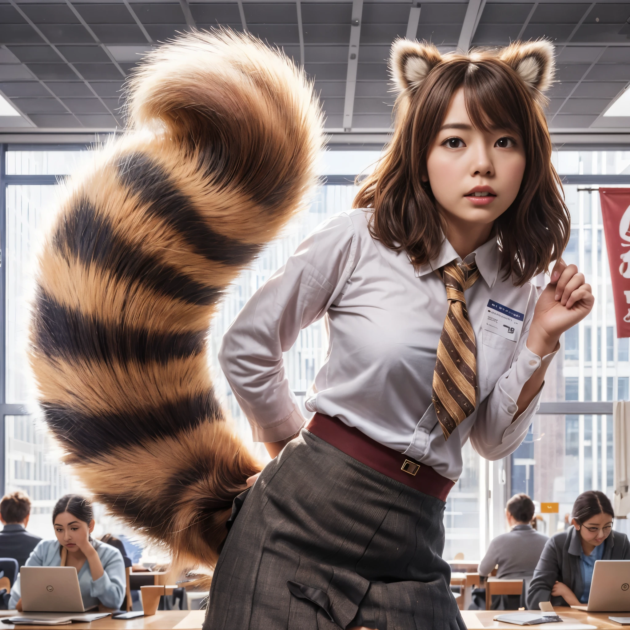 women with a tanuki tail, (software) safe for work, fur with tail, software version, colleague, realistic style, , realistic style , beautiful girl, photograph, 最high quality, (Her skirt is flipped up and her tail is visible.:1.8) ,Reality, small breasts, slender, white panties,tail from above panties, tail from inside the skirt, bushy tail, realistic tail, flat chest, (software) safe for work, nffsw, retina, muste piece, Accurate, anatomically correct, super detail, advanced details, high quality, 最high quality, High resolution, 1080p, 4k, 8K, The tail is sticking out from inside the skirt, long tail, be surprised to see the tail, eight-headed body, small face, blush, Red cheeks
