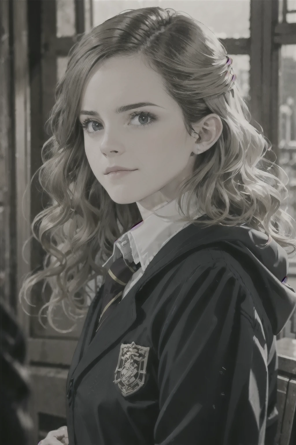 ((Soft light, Best quality, 8K, Masterpiece: 1.3)), Clear focus: 1.2,1女孩,Hermione as a student at Gryffindor House，Wearing the uniform of the Academy。This uniform usually includes a striped tie、Black coat、Gray shawl、White shirt and black skirt,mystical，depthoffield