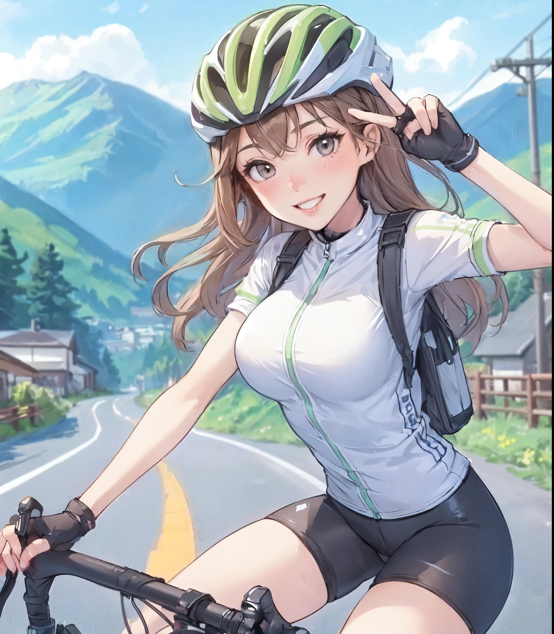 1lady solo, (riding road bike:1.2), (dressed in road bike attire) sporty stylish, helmet, mature female, /(light brown hair/) bangs, blush happy smile, (masterpiece best quality:1.2) delicate illustration ultra-detailed, large breasts BREAK (making peace sign) BREAK (paved road in the mountains), outdoors, detailed background