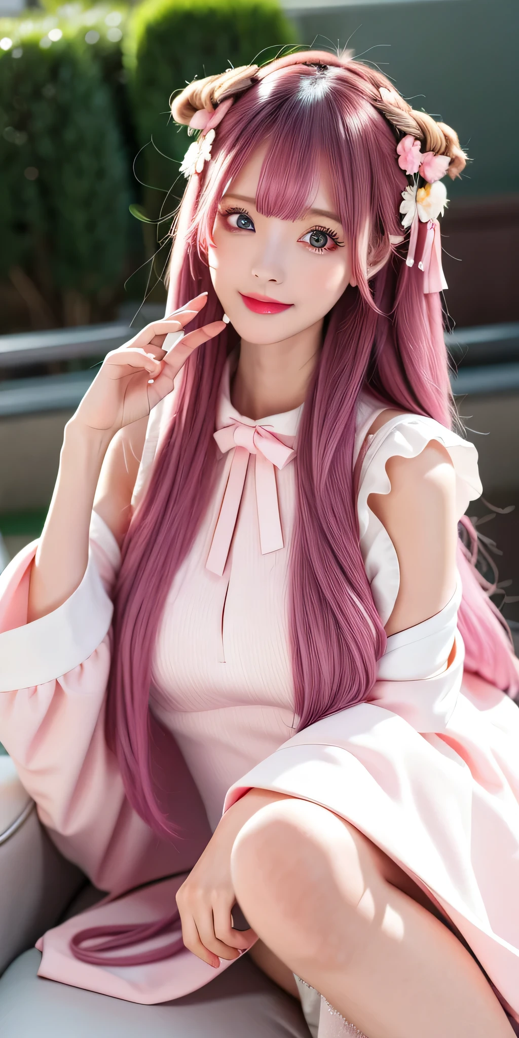 (8k, 4k, best quality, high resolution:1.2), (masterpiece, realistically, Real shot:1.37), 1 girl, alone, pretty face, eyelash, nose, glossy lips, (exquisite eyes, looking at the audience, fair skin, fair skin:1.5), Delicate skin tone, upper part of body,
big breasts,Plum,,,
Outdoor forest,
one side up,Ridiculously long hair,blonde,pink hair,through bangs,hair accessories,bow,
young,aged,first god,sweet rain