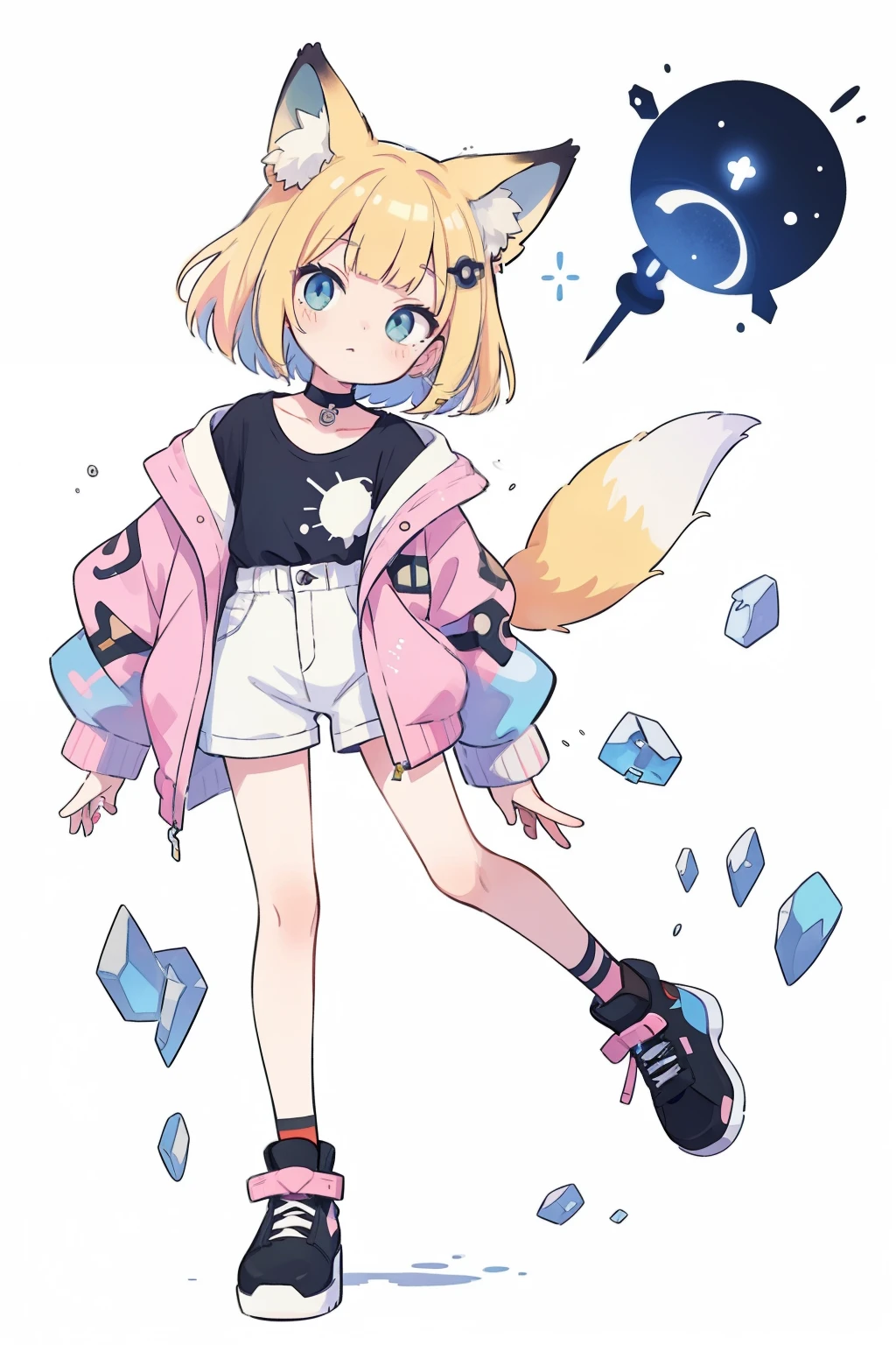 watercolor (Moderate):1.35,splash of color,colorful,flat color,// whole body,white background,hair ornaments,simple background,cube hair ornaments,blonde hair,1 girl,bangs,high quality,cyber punk,quantum punk,nanopunk, masterpiece,最high quality,(((onyx theme))),(perfect onyx),(1 girl),paprika,fox ears、Transparent pink short hair,simple background,head tilt,albino,[watercolor],choker,oversized jacket、hot pants