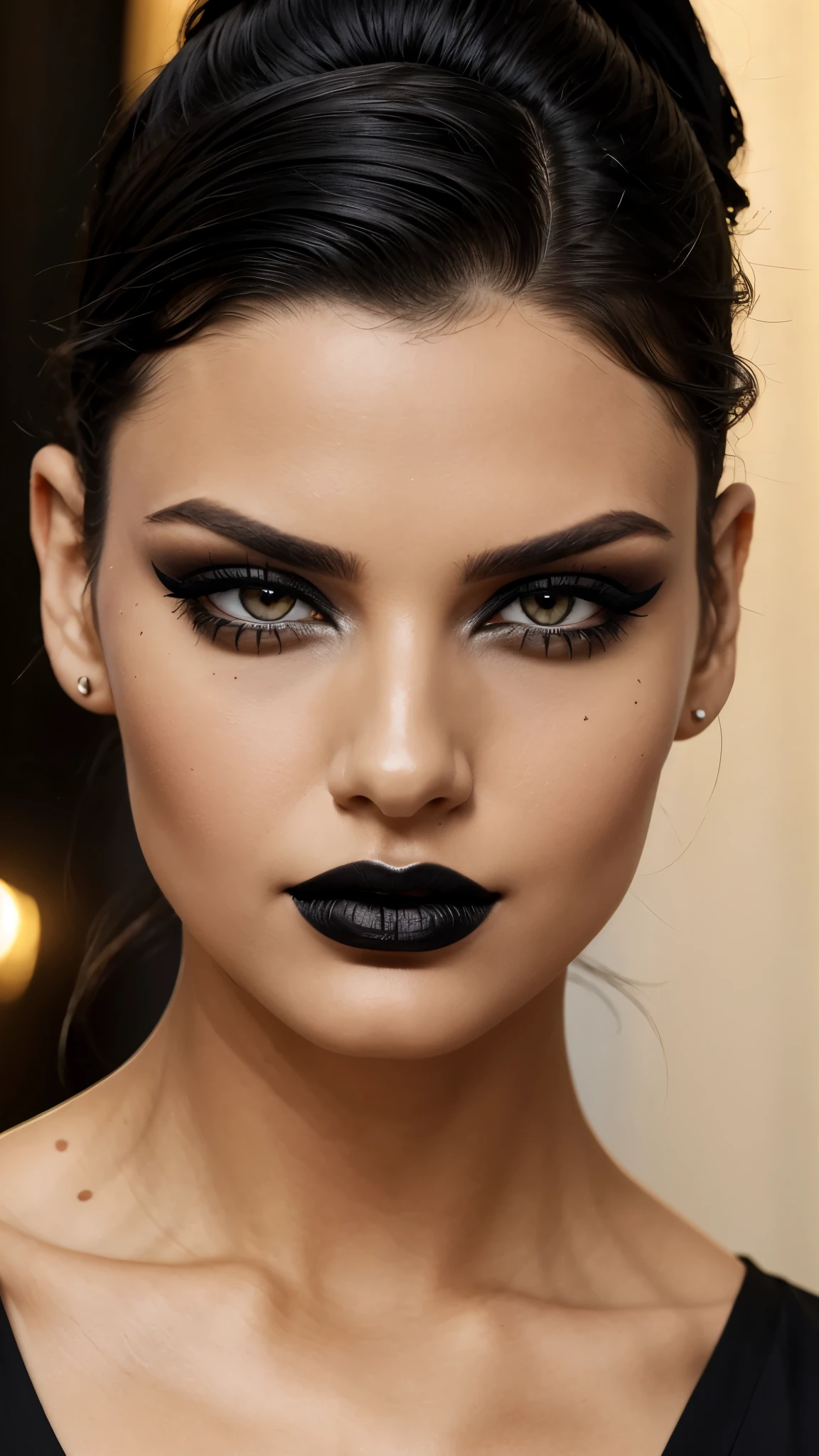 Black make-up,  Black lipstick, slicked back Black hair, Detailed Face, Detailed Lips, Detailed Eyes, 