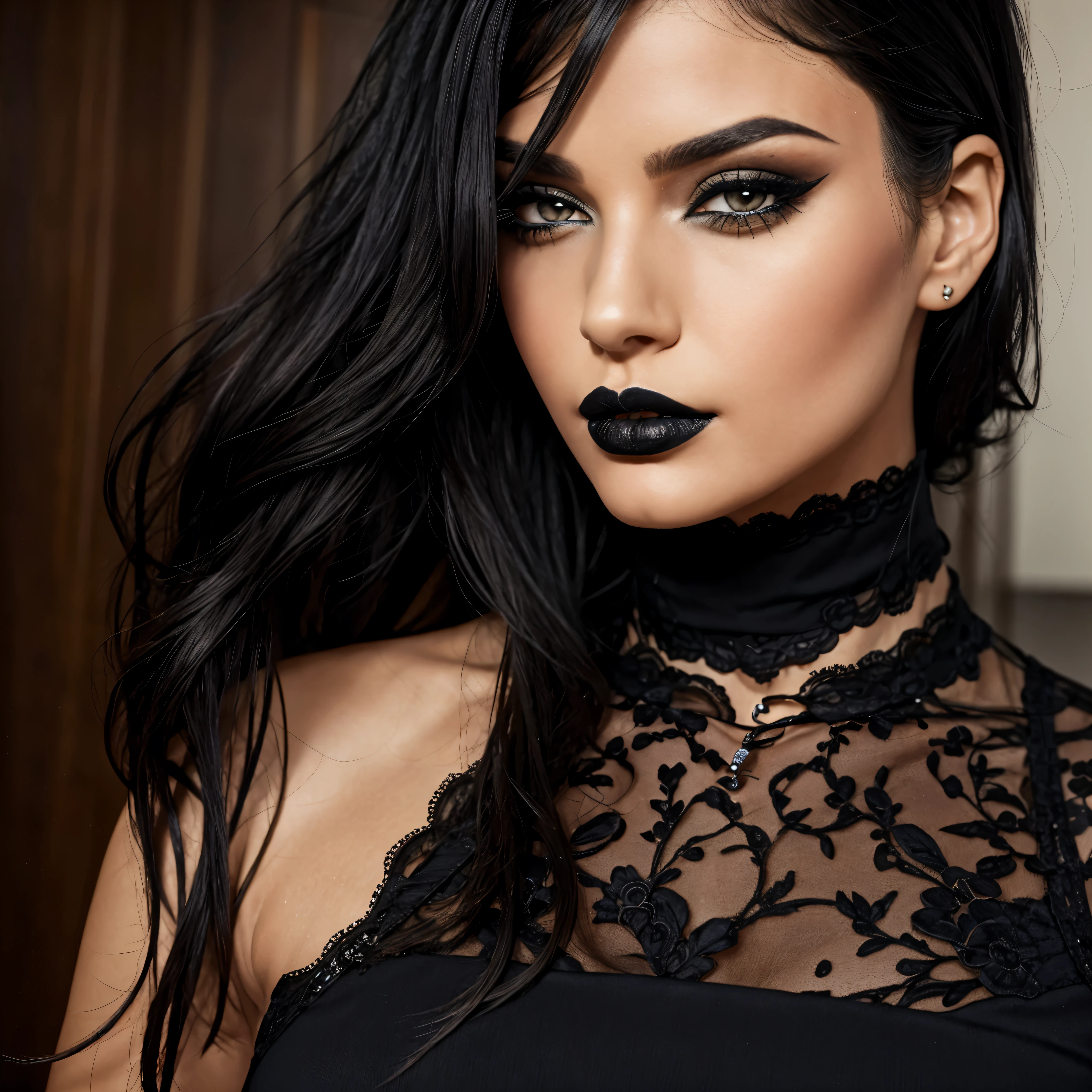 Black make-up,  Black lipstick, slicked back Black hair, Detailed Face, Detailed Lips, Detailed Eyes, 