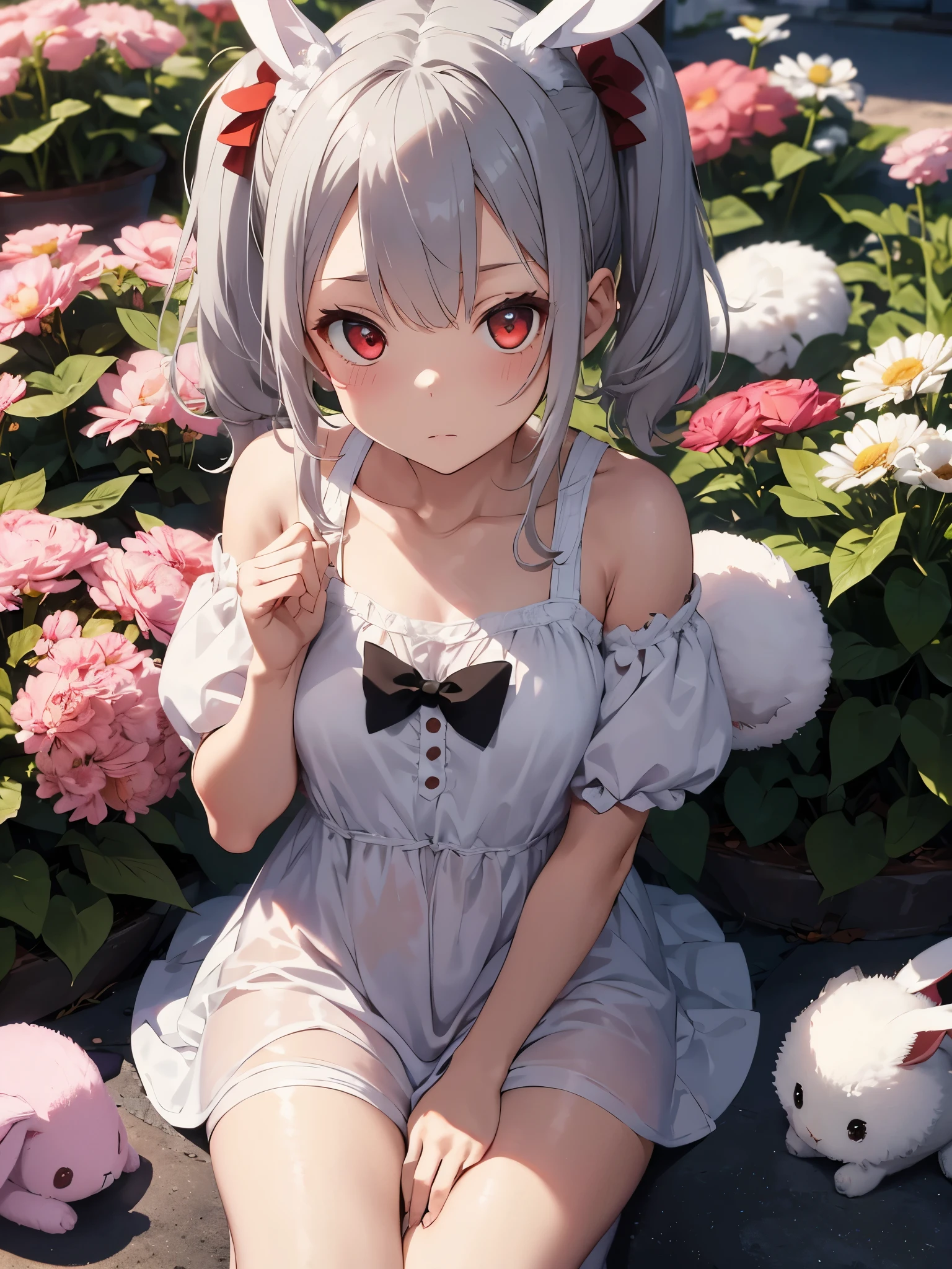 one girl, Wear a white eyepatch, Holding a stuffed rabbit, two pigtails short gray hair l, hooded, bunny ear accessories, Wearing a white short dress, red eyes, lying in a pile of flowers