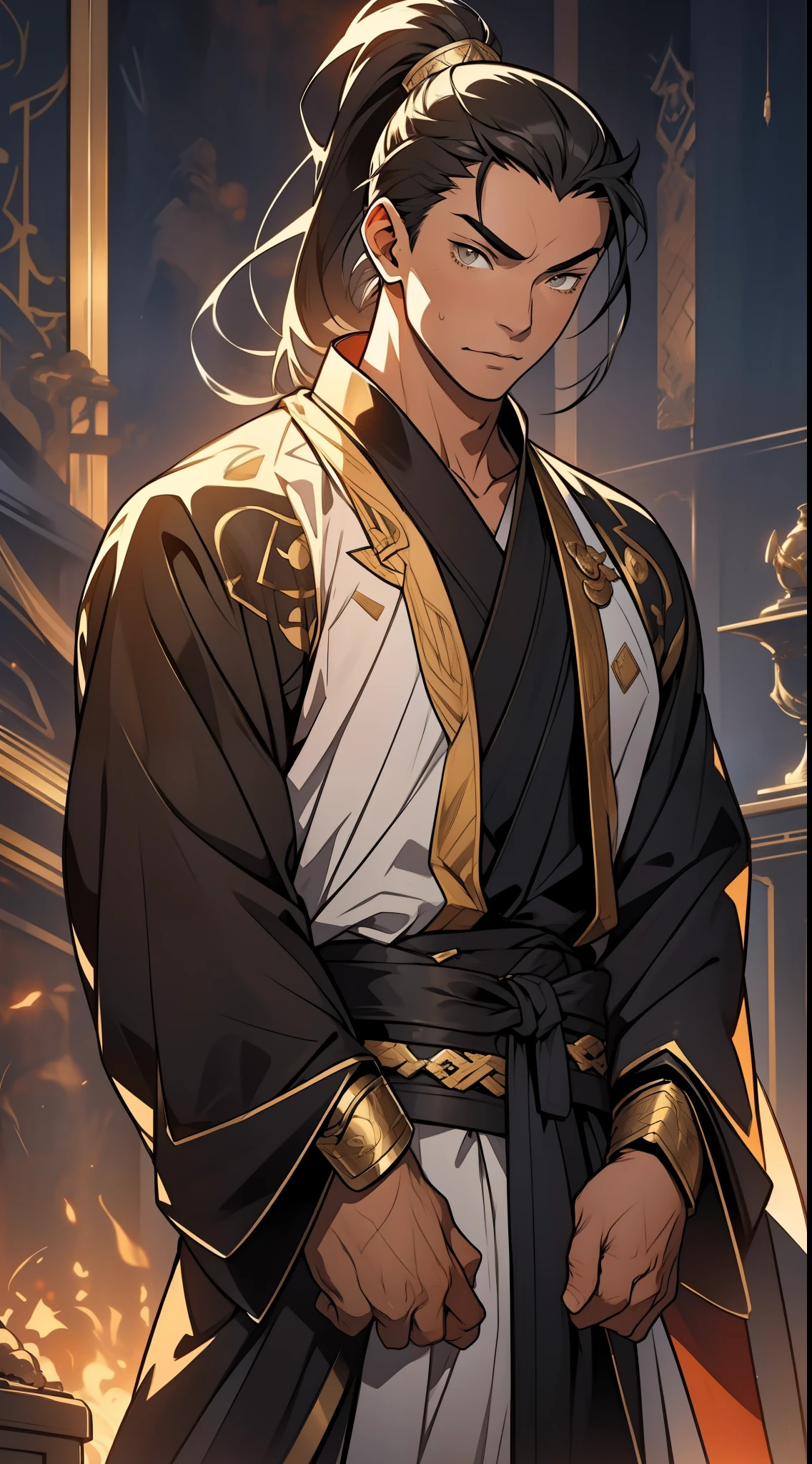 Two dimensions,anime style,one person(male warrior),proportions are correct,facial details,swordsman,high ponytail hairstyle,neck detail,Have an Adam's apple,Black and gold robe,joke,Black and gold robe,clothing details,Hand over,long sleeves,Game quality,fencing,Ray tracing,Ray tracing,Detailed glow,CG rendering,hair details,Long black and blond hair,Black-gold eyes,Handsome,Handsome,(Youthful feeling),Costumes are complicated,Perfect composition,refine,high quality,higher details,many details,Complex background,a sense of atmosphere,