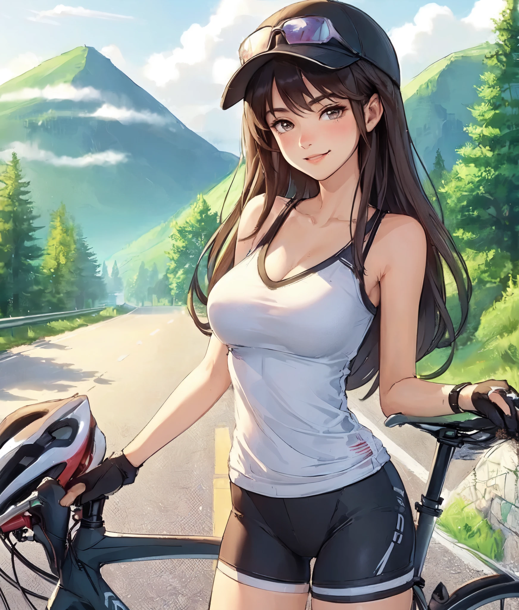1lady solo, (standing next to road bike:1.2), (dressed in road bike attire) sporty stylish, cap and sunglasses, mature female, /(dark brown hair/) bangs, blush kind smile, (masterpiece best quality:1.2) delicate illustration ultra-detailed, large breasts BREAK (paved road in the mountains), outdoors, detailed background
