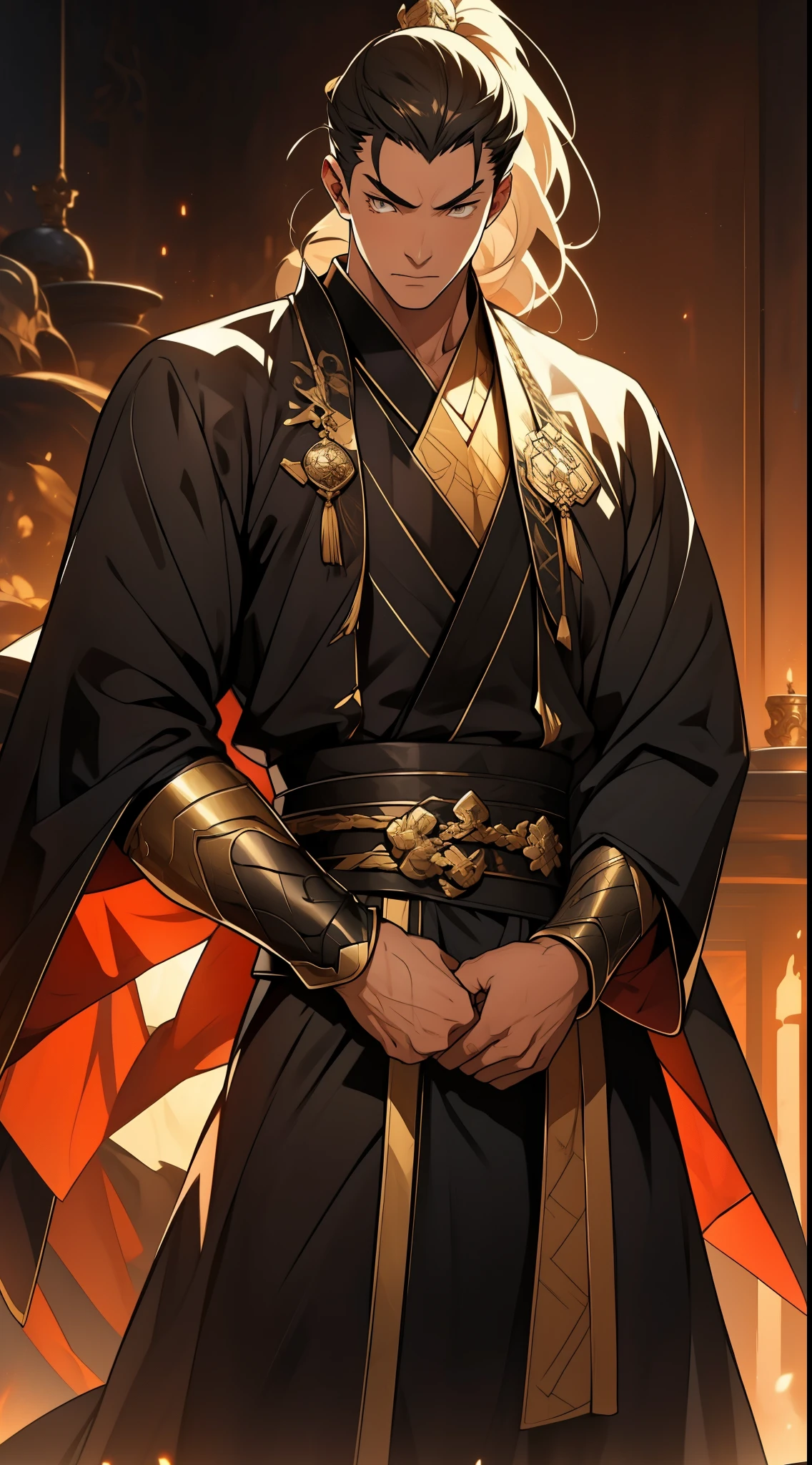Two dimensions,anime style,one person(male warrior),proportions are correct,facial details,swordsman,high ponytail hairstyle,neck detail,Have an Adam's apple,Black and gold robe,joke,Black and gold robe,clothing details,Hand over,long sleeves,Game quality,fencing,Ray tracing,Ray tracing,Detailed glow,CG rendering,hair details,Long black and blond hair,Black-gold eyes,Handsome,Handsome,(Youthful feeling),Costumes are complicated,Perfect composition,refine,high quality,higher details,many details,Complex background,a sense of atmosphere,