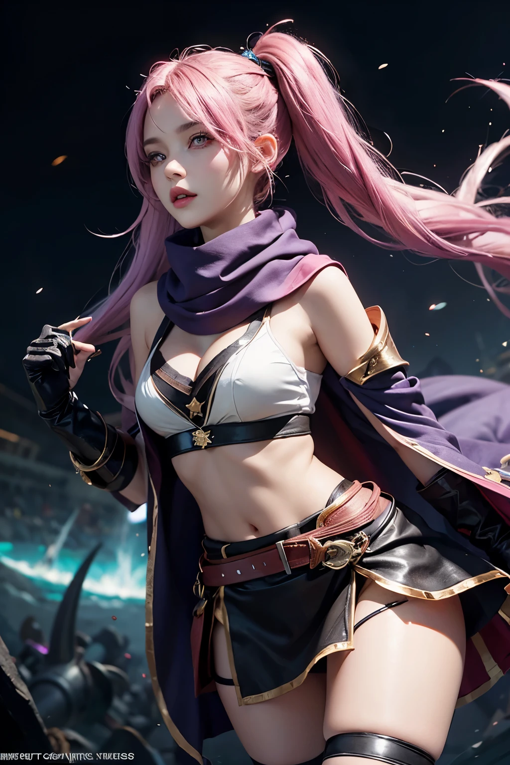 league of legend female character, hyper league of legend art style, void magic student, ((cloak, mini skirt, badge, hand glove, belt, armlet, scarf)), ((colorful twintails, colorful pupil, stripe make up, perfect body shape)), (evil aura, vine effect), (masterpieces, fantasy world, hyper resolution, cinematic lighting, ultra sharp), library background, colorful, bare shoulder, pink lips, close up