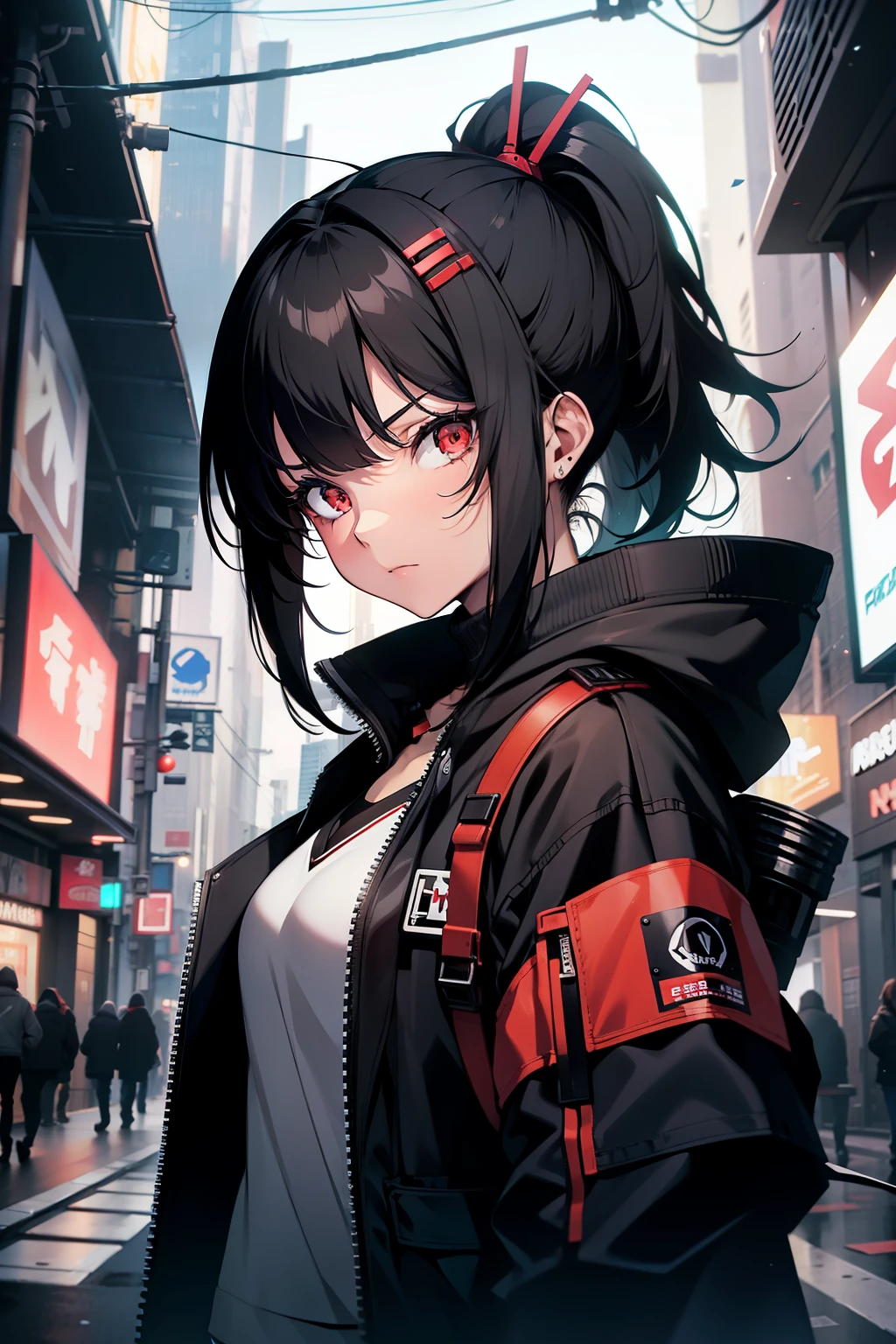 (((high detail))), best quality, 1 girl, young girl, ponytail, vtuber model, vtuber, standing straight, facing front, short black hair black cyberpunk jacket with red and white, black inner shirt, indifferent expression, detailed face, bright red eyes, ID picture, ID shot, Photography shot, plain white background