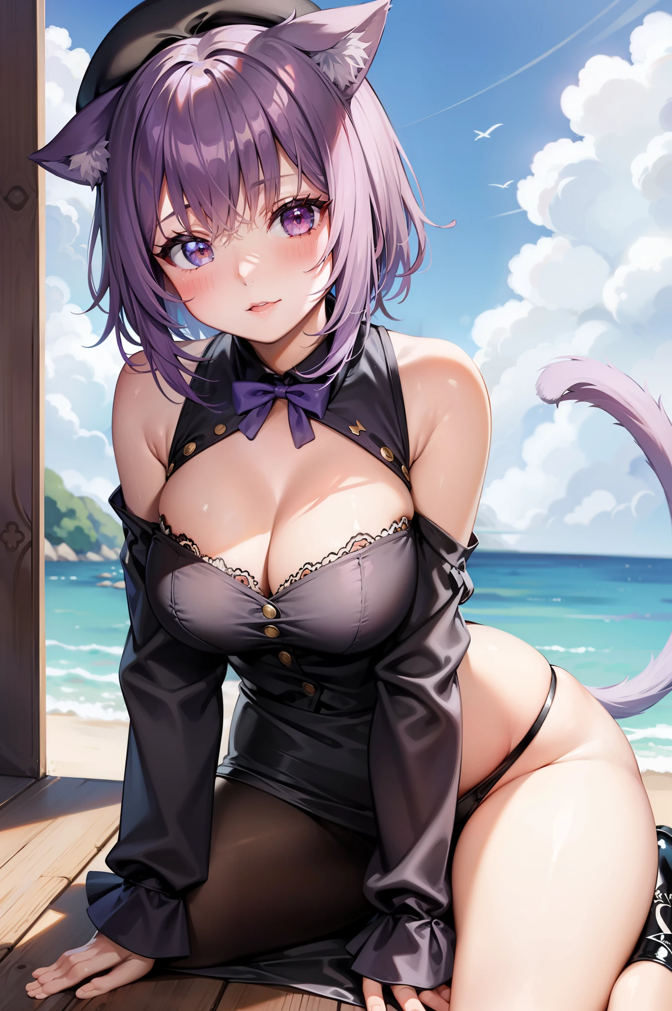 anyway naughty girl, sexy outfit, straight short hair,  mediumvioletred hair, mediumvioletred eyes, big droopy eyes, medium beret, selfish, sexually suggestive, cat ears , tail