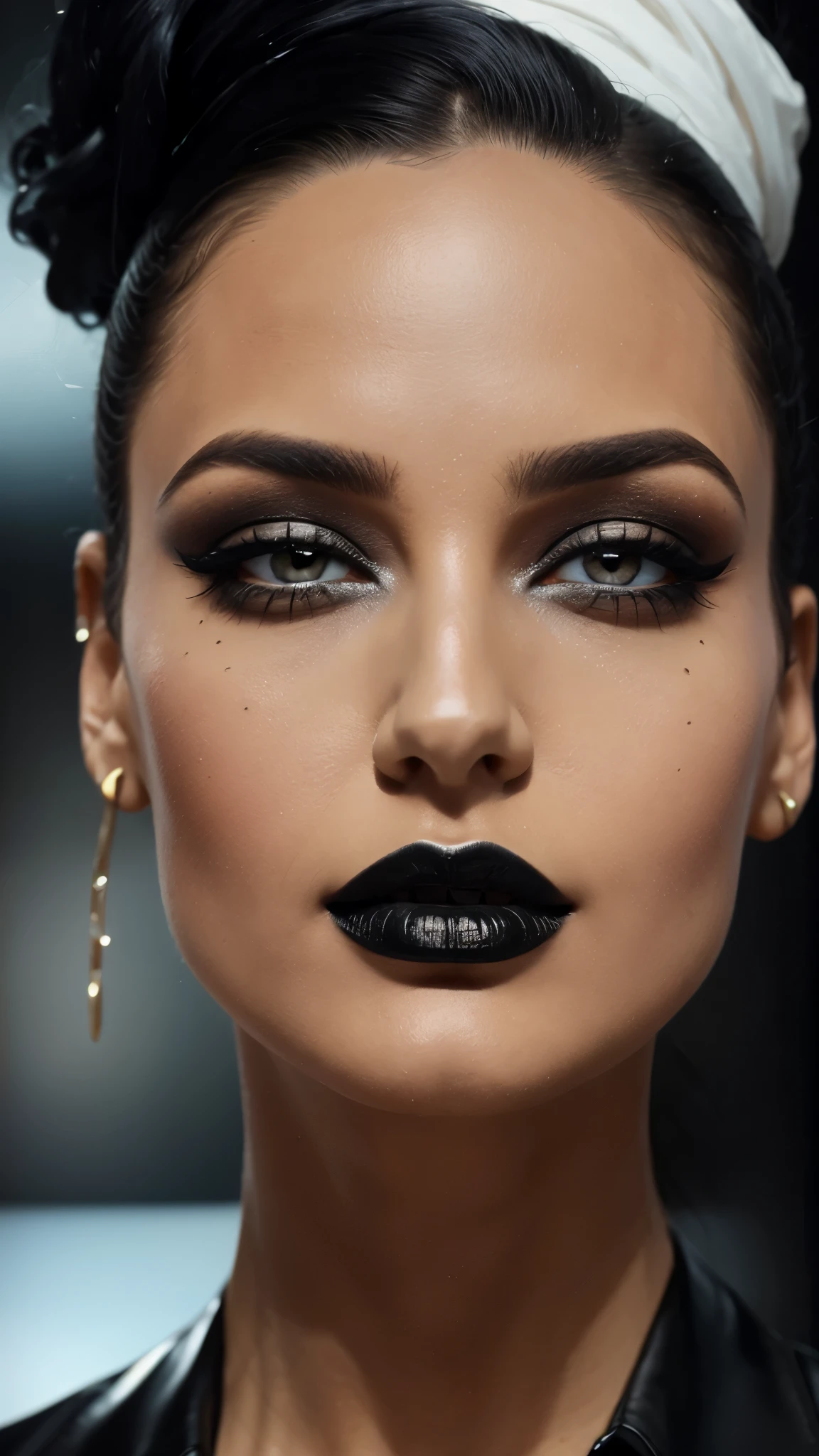 Black make-up,  Black lipstick, slicked back Black hair, Detailed Face, Detailed Lips, Detailed Eyes, 