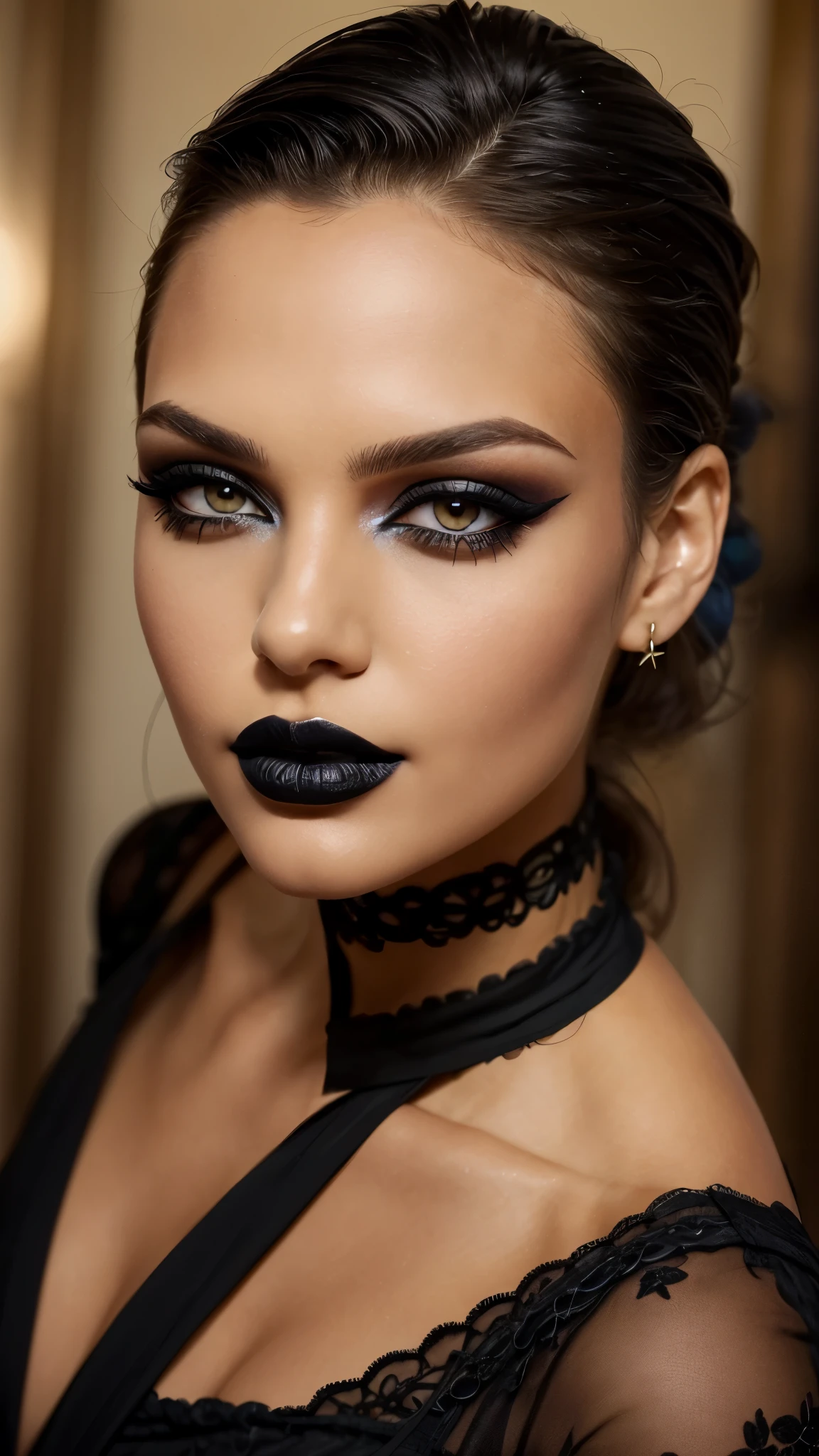 Black make-up,  Black lipstick, slicked back Black hair, Detailed Face, Detailed Lips, Detailed Eyes, 