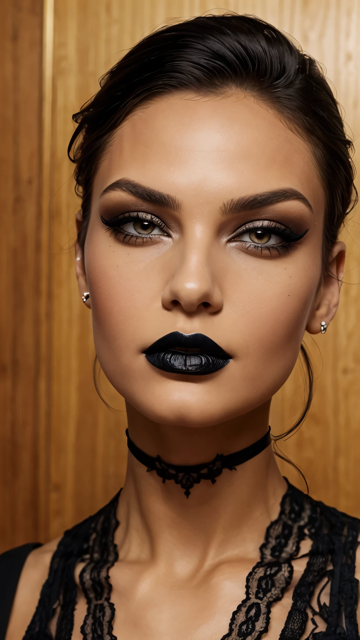 Black make-up,  Black lipstick, slicked back Black hair, Detailed Face, Detailed Lips, Detailed Eyes, 