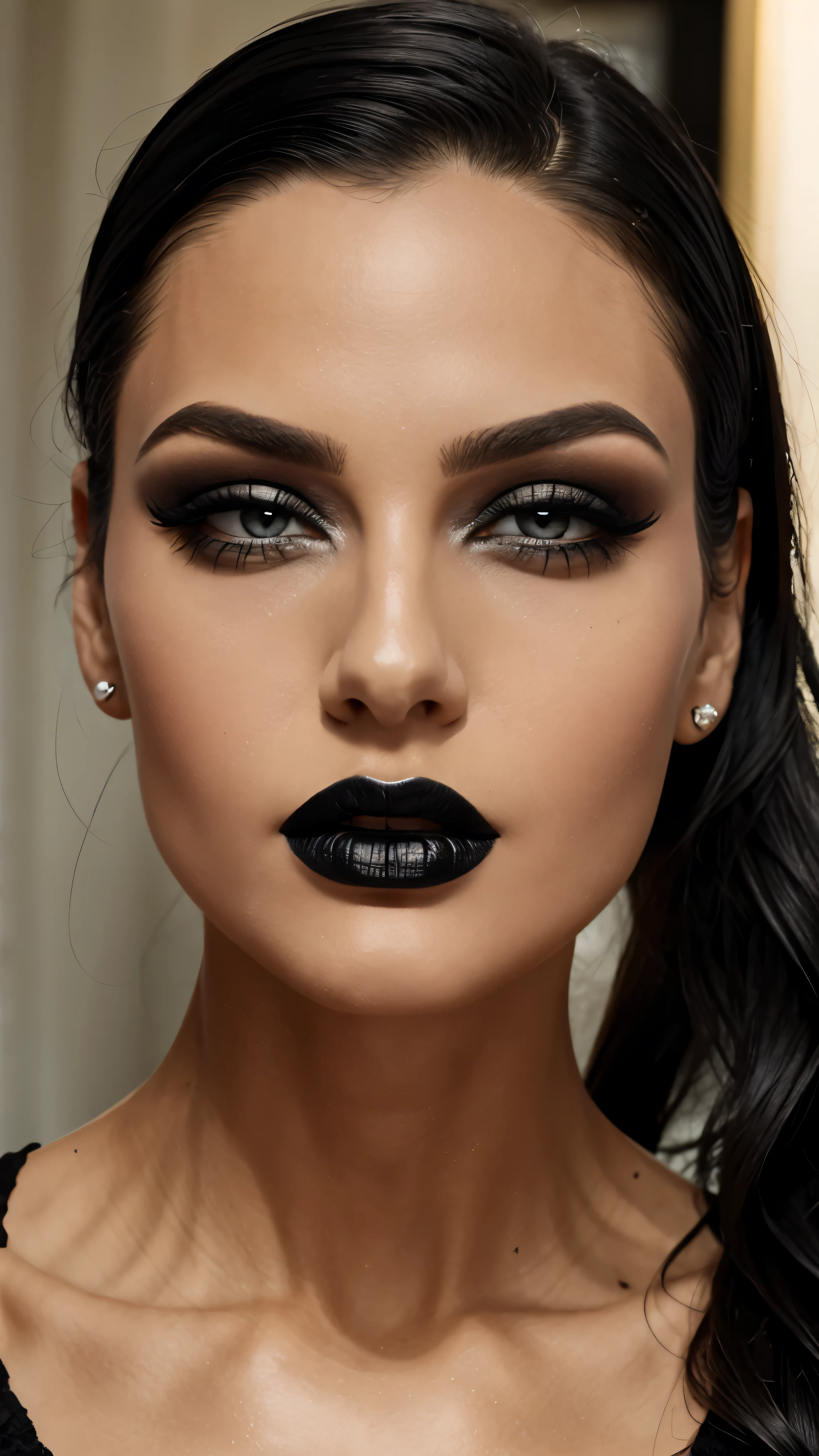 Black make-up, Black lipstick, slicked back Black hair, Detailed Face, Detailed Lips, Detailed Eyes,