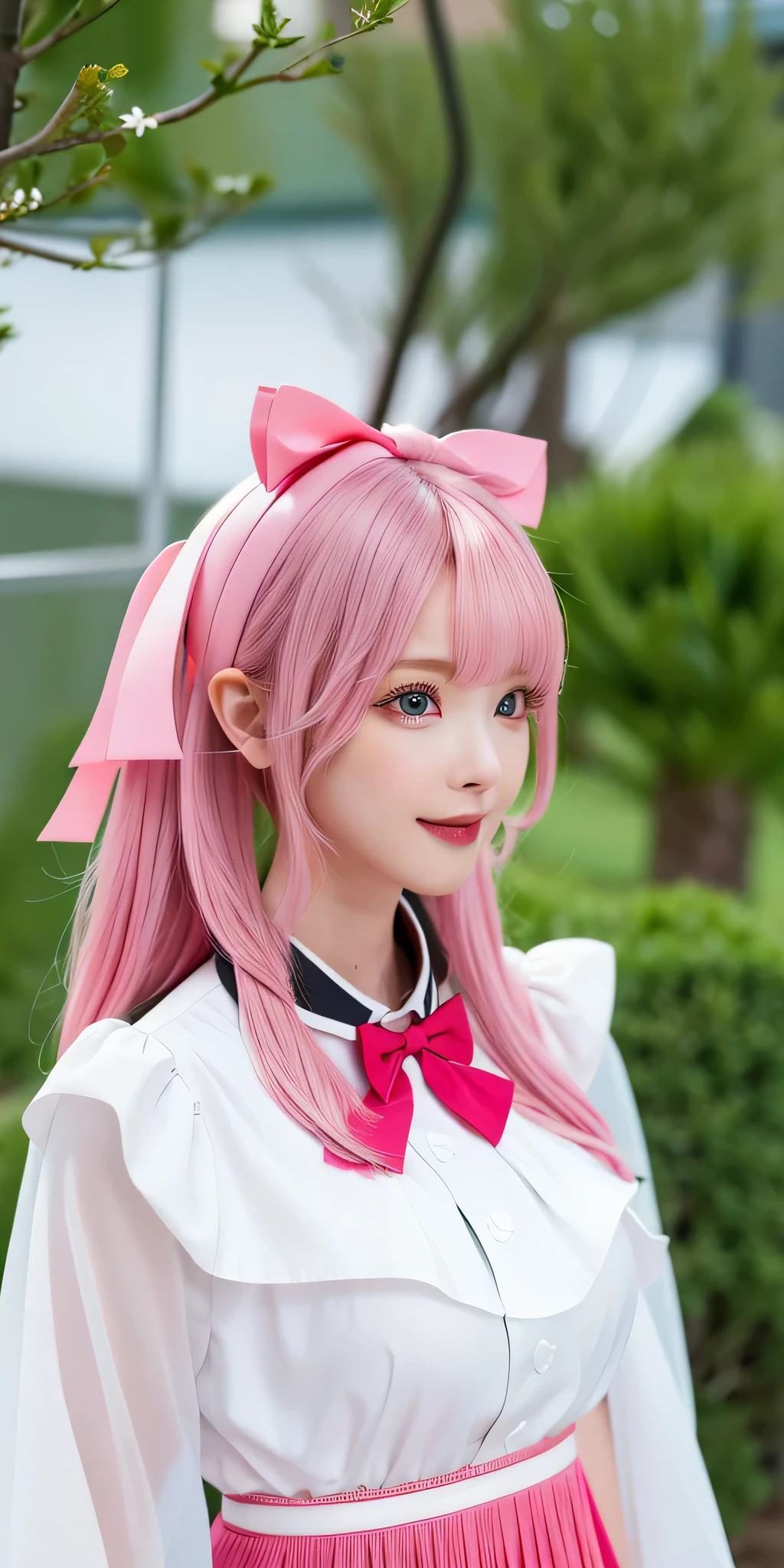 (8k, 4k, best quality, high resolution:1.2), (masterpiece, realistically, Real shot:1.37), 1 girl, alone, pretty face, eyelash, nose, glossy lips, (exquisite eyes, looking at the audience, fair skin, fair skin:1.5), Delicate skin tone, upper part of body,
big breasts,Plum,,,
Outdoor forest,
one side up,Ridiculously long hair,blonde,pink hair,through bangs,hair accessories,bow,
young,aged,first god,sweet rain