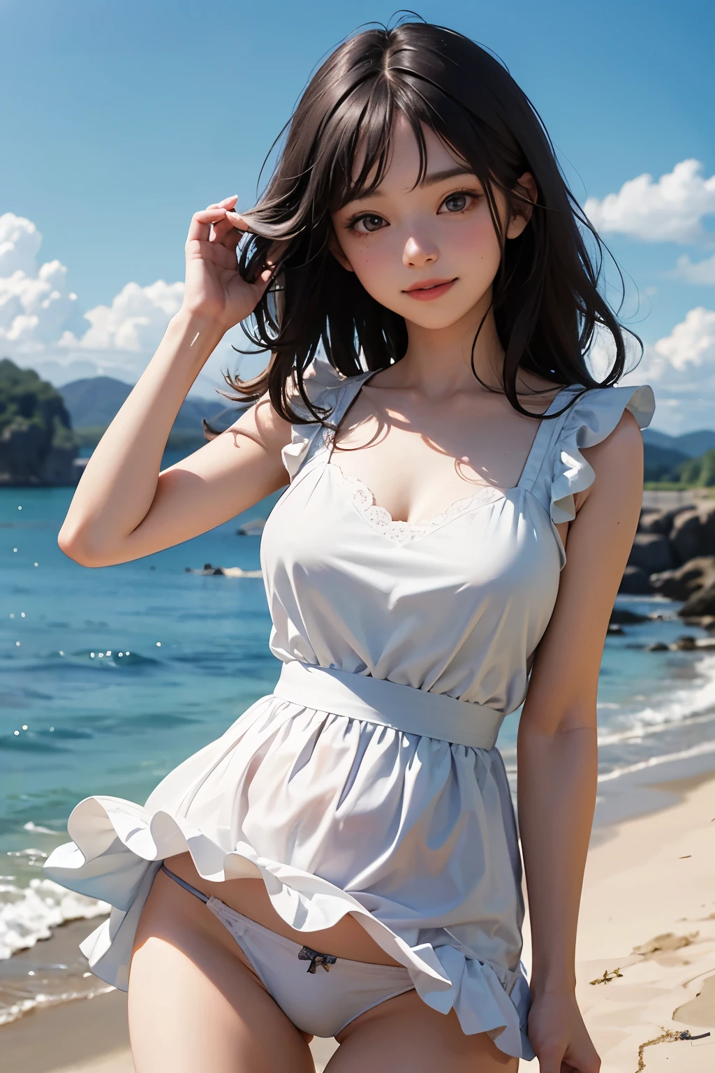 very cute and beautiful girl,frilled white summer dress with detailed lace,(highly detailed beautiful face),
(smile:1.2),blush,black hair,looking at viewer,cowboy shot,skirt lift,white panties,
beach,distant rugged cliffs,
(best quality,masterpiece:1.2),absurdres,highres,ultra-detailed,extremely detailed,32k,8k resolution,
intricate details,cinematic scene,detailed background,solo,dynamic angle,
hair fluttering in the wind,beautiful detailed sky,perfect hands,