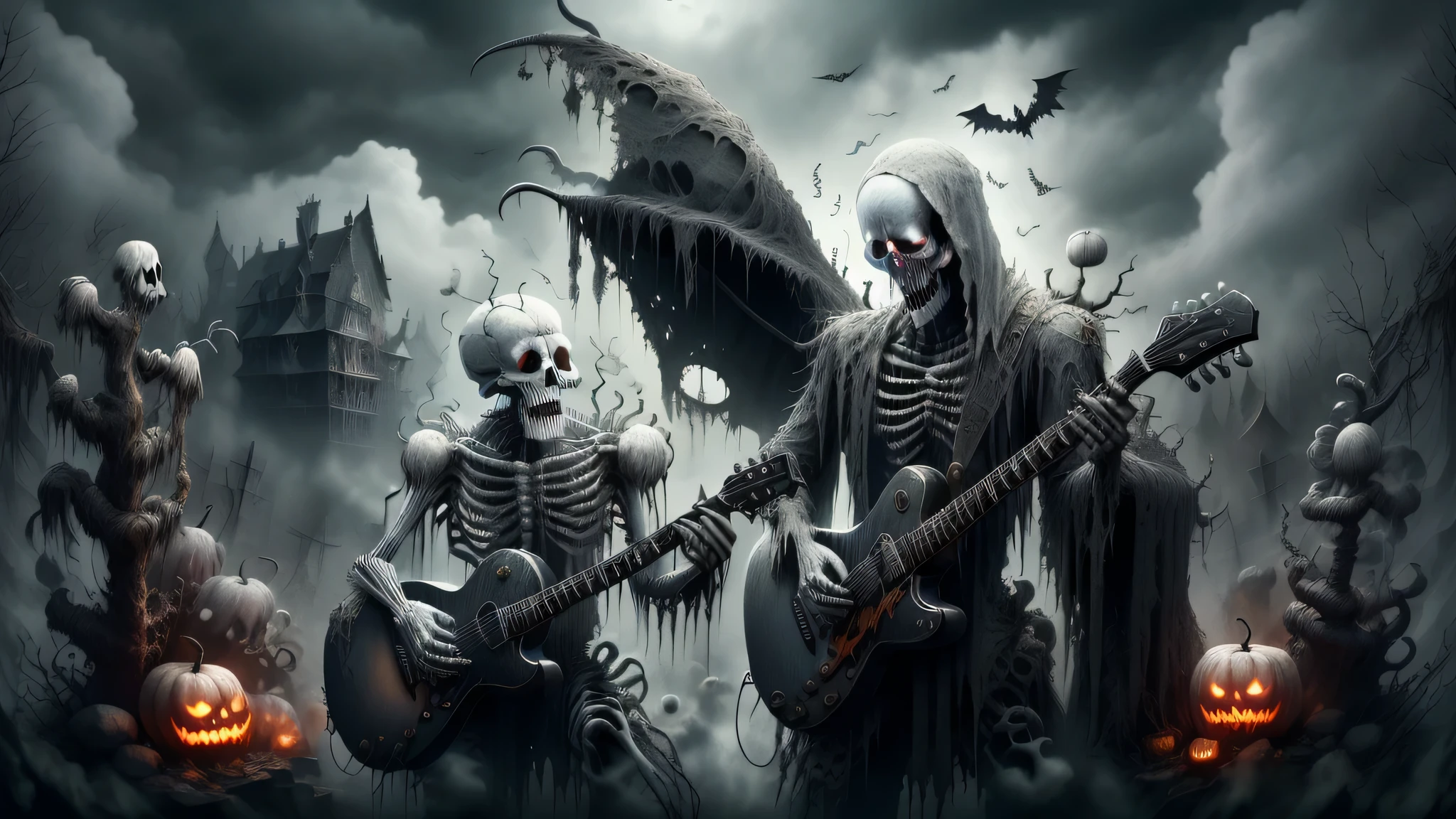 hwespectral, skeleton playing electric guitar, trapos longos e esfarrapados, fantasia negra, Horror, sombrio, mist, mist, ethereal, Repugnante, espectral,