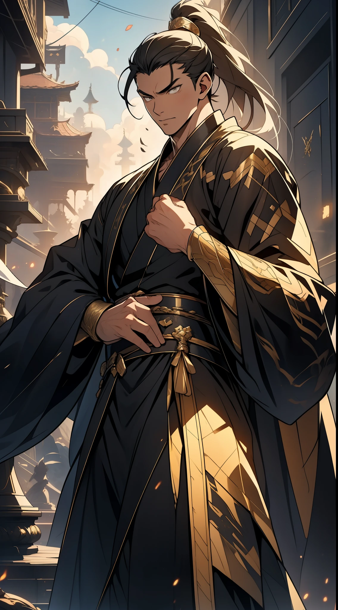 Two dimensions,anime style,one person(male warrior),proportions are correct,facial details,swordsman,high ponytail hairstyle,neck detail,Have an Adam's apple,Black and gold robe,joke,Black and gold robe,clothing details,Hand over,long sleeves,Game quality,fencing,Ray tracing,Ray tracing,Detailed glow,CG rendering,hair details,Long black and blond hair,Black-gold eyes,Handsome,Handsome,(Youthful feeling),Costumes are complicated,Perfect composition,refine,high quality,higher details,many details,Complex background,a sense of atmosphere,