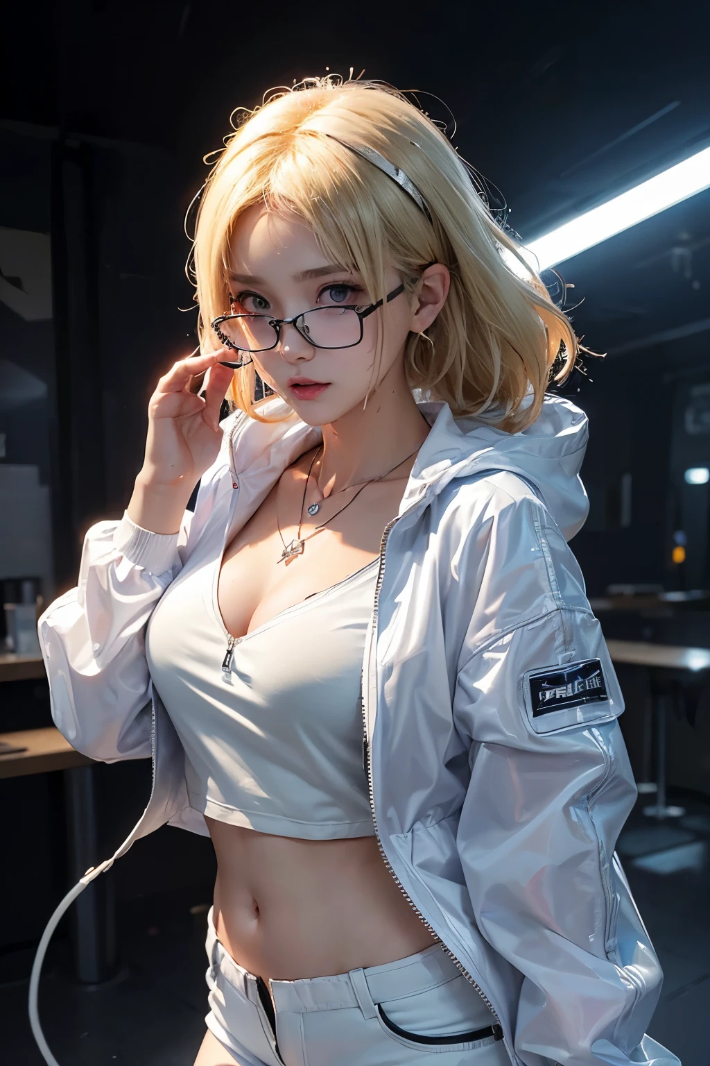 female gamer, ((wet thin white shirt, opened zip fashion wind breaker, hot pants, glasses, earring, necklace, blet, face mask, earphone, cute collar)), (idol charming aura, blur effect, bubble effect, black glowing pupil, arcade style make up, , blushing face, angry face, blonde color hair), (masterpieces, extreme body detail, high resolution, original character, best anime 16k wallpaper quality, best sadness lighting, liquid on body),full body shot