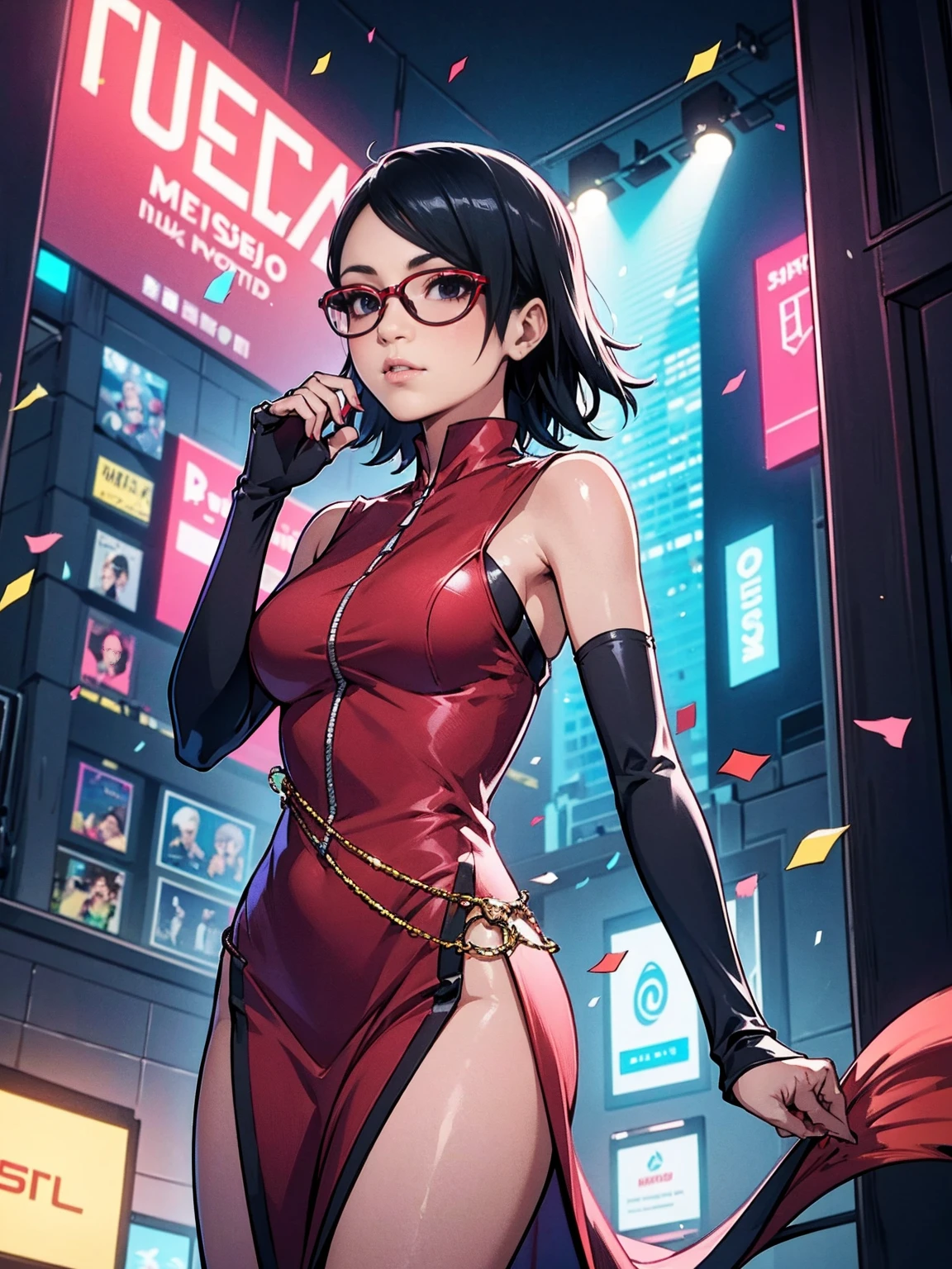 ((Sarada Uchiha, uchiha sarada, short hair, black hair, glasses, black eyes)), Top quality, High Definition, ultra sharp, masterpiece, ((masterpiece, 1girl, solo, beautiful)), best quality, expressive eyes, perfect face, Super eyes, masterpiece, highly detailed exquisite character art, epic fantasy, 1Woman, Egyptian, Attractive, ((wearing a mermaid dress, shiny and silky Short black hair with Long Bangs)), cityscape, cyberpunk setting, futuristic, neon highlights, neon makeup, glamorous, red attire, Coachella event, paparazzi, god rays, spotlights, confetti