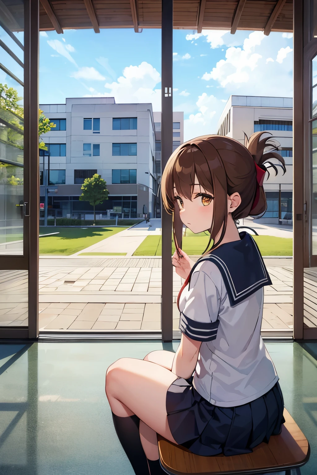 gymnasium with windows,center image,Detailed photos,single building,frontage,modern gymnasium,Architecture concepts,whole building,Sports facilities,actual sina,I am sitting on the floor of the school gymnasium and observing classes because I am not feeling well.,(masterpiece, best quality:1.2),illustration,8k,hd,1girl,solo,upper body,(portrait:1.2),brown_hair,folded_ponytail,brown_eyes,serafuku,long_hair,school_uniform,skirt,pleated_skirt,