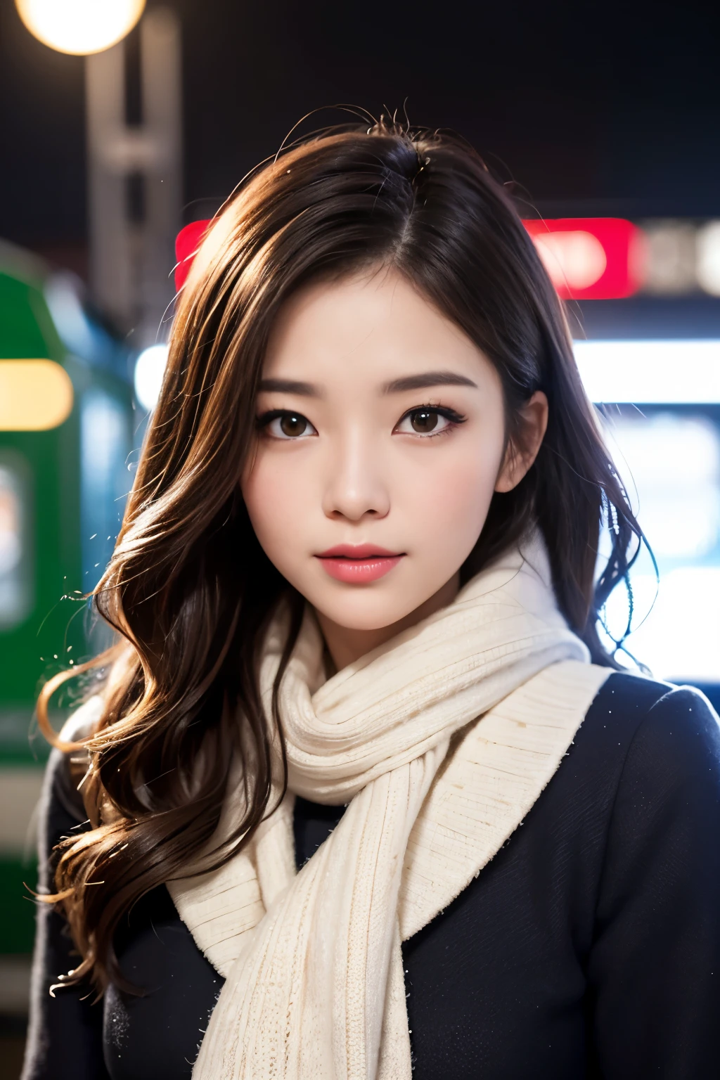 1 female、Early 20s、(A strong-willed and beautiful woman)、(super beautiful face)、(detailed face)、put on makeup、wavy brown hair、christmas snowy night、Standing on the platform of a metropolitan station、The background is a stationary train、shallow depth of field