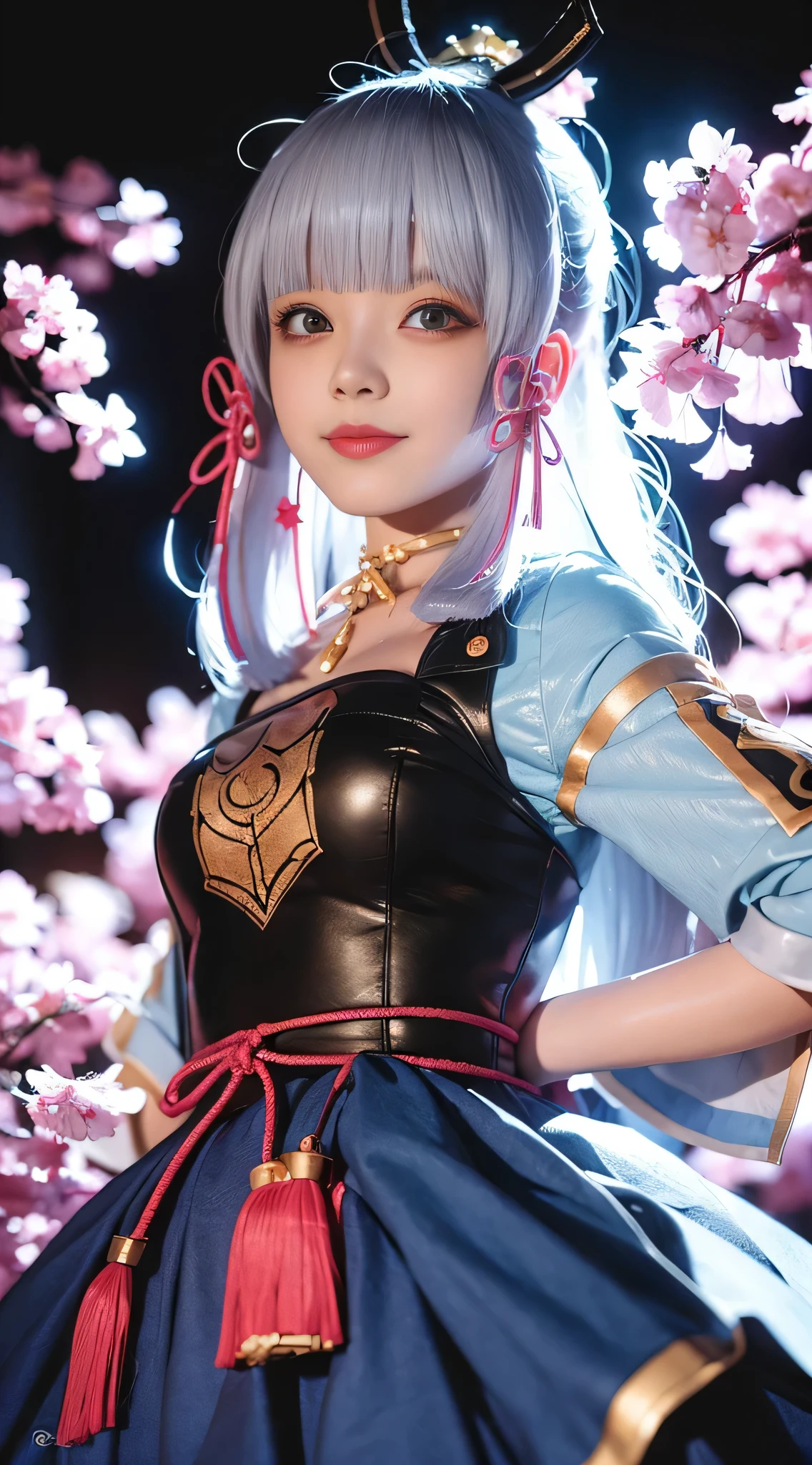1 girl,Cherry blossoms, 1 girl, tree, alone, 极Light, fireworks, long_hair, firefly, Light_particle, 松tree_tree, snowflake_background, milky_Way, antenna_fireworks, hat, Place your arms behind your body, blue_Eye, Smile, Face focus,lifelike:1.4 detailed faces,detailed Eye,皮肤有Light泽