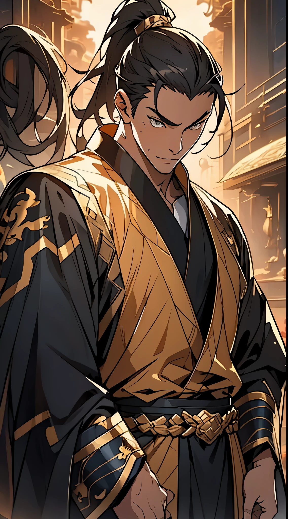 Two dimensions,anime style,one person(male warrior),proportions are correct,facial details,swordsman,high ponytail hairstyle,neck detail,Have an Adam's apple,Black and gold robe,joke,Black and gold robe,clothing details,Hand over,long sleeves,Game quality,fencing,Ray tracing,Ray tracing,Detailed glow,CG rendering,hair details,Long black and blond hair,Black-gold eyes,Handsome,Handsome,(Youthful feeling),Costumes are complicated,Perfect composition,refine,high quality,higher details,many details,Complex background,a sense of atmosphere,