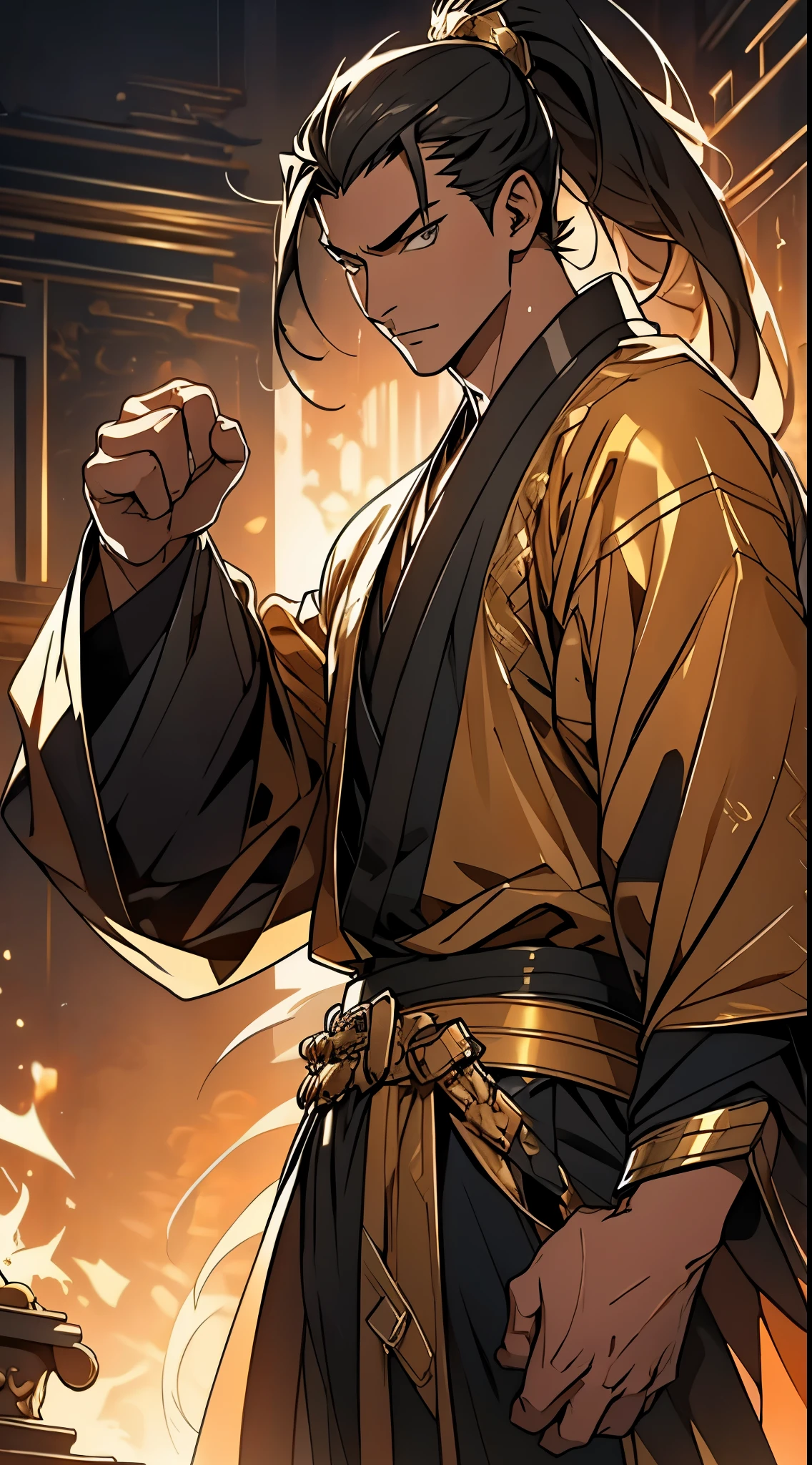 Two dimensions,anime style,one person(male warrior),proportions are correct,facial details,swordsman,high ponytail hairstyle,neck detail,Have an Adam's apple,Black and gold robe,joke,Black and gold robe,clothing details,Hand over,long sleeves,Game quality,fencing,Ray tracing,Ray tracing,Detailed glow,CG rendering,hair details,Long black and blond hair,Black-gold eyes,Handsome,Handsome,(Youthful feeling),Costumes are complicated,Perfect composition,refine,high quality,higher details,many details,Complex background,a sense of atmosphere,