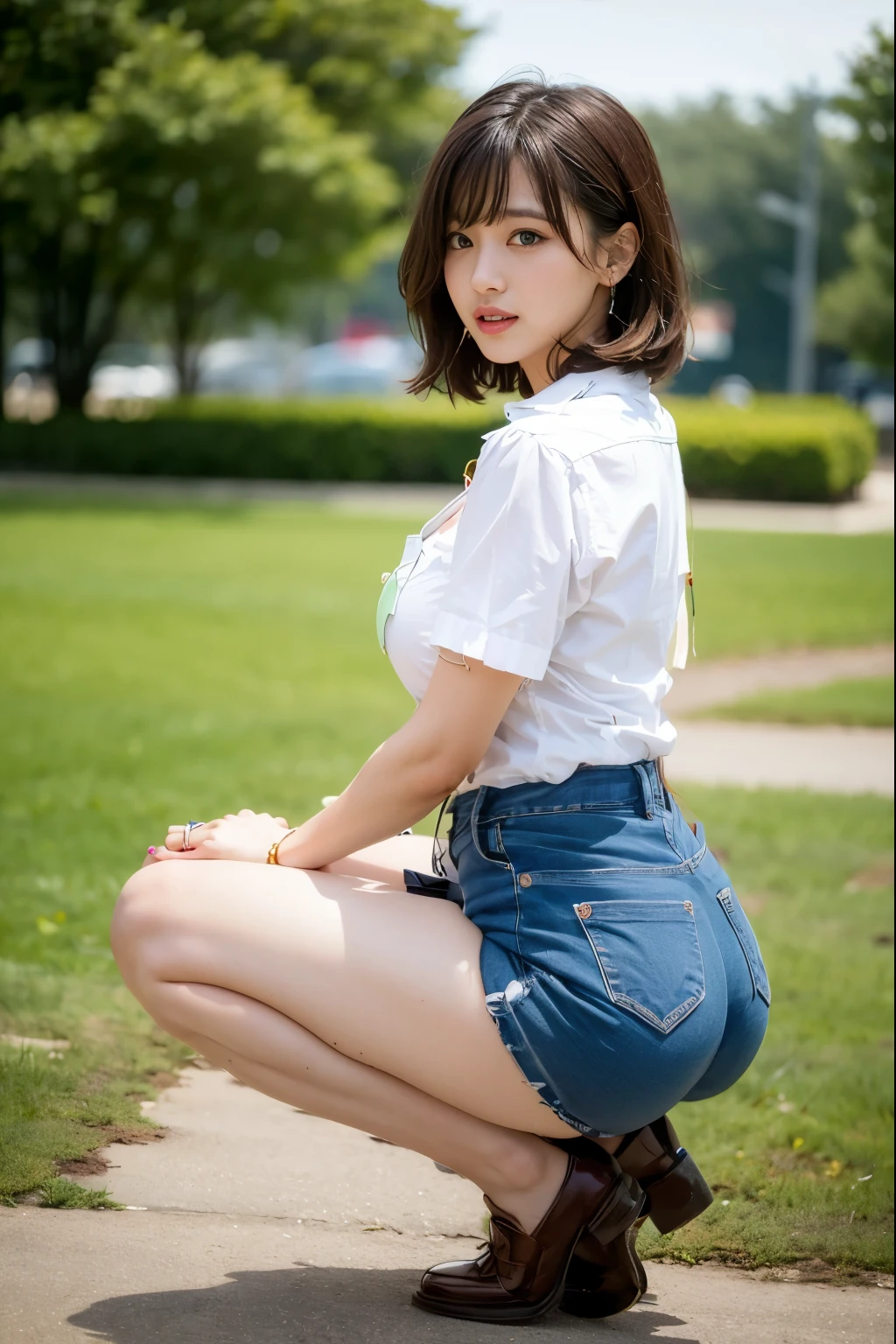 Beautiful Chinese waifu, early 30s, brunette hair, cropped vest, short jeans, white stockings