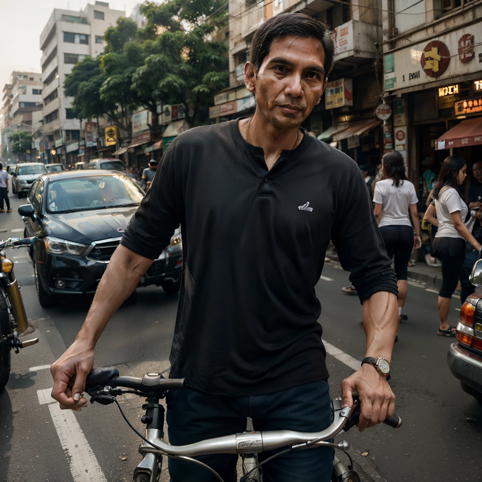 In the heart of Jakarta's bustling cityscape, bathed in the soft, early morning light of dawn, rides Luhut Panjaitan. His muscular frame is clad in simple yet practical clothes, revealing beads of sweat that glisten in the waking sunlight. He steers his bike deftly through the labyrinth of vehicles and pedestrians, weaving effortlessly between them with an experienced ease. The scene unfolds in rich detail, the intricacies of Luhut's weathered face etched with the lines of age and experience, the fine texture of his clothes, and the vibrant colors of the busy street surrounding him. The atmosphere is alive with the s
