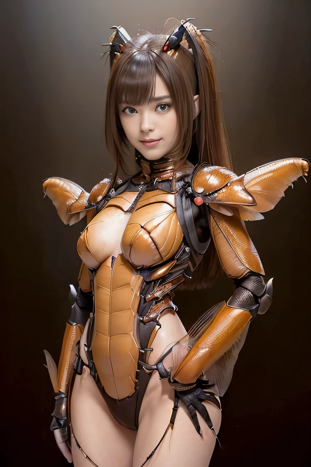 (High resolution,masterpiece,highest quality,Very detailed CG, anime, official art:1.4), realistic, photograph, amazing detail, everything is complicated, shiny and glossy,Amazing number of layers, 8K wallpaper, 3D, sketch, cute, figure,( alone:1.4), perfect female proportions,villain&#39;s daughter, (Fusion of dark brown cockroach and lady:1.4), (brown cockroach woman:1.2), (brown cockroach woman:1.2), (Fusion:1.2), (alone:1.4), (evil smile:1.2), muscular, abs, (Cockroach brown exoskeleton bio insect suit:1.4), (Cockroach brown exoskeleton bio insect armor:1.2), (brown transparent cockroach feathers:1.4), (Antennae of brown cockroaches:1.3),