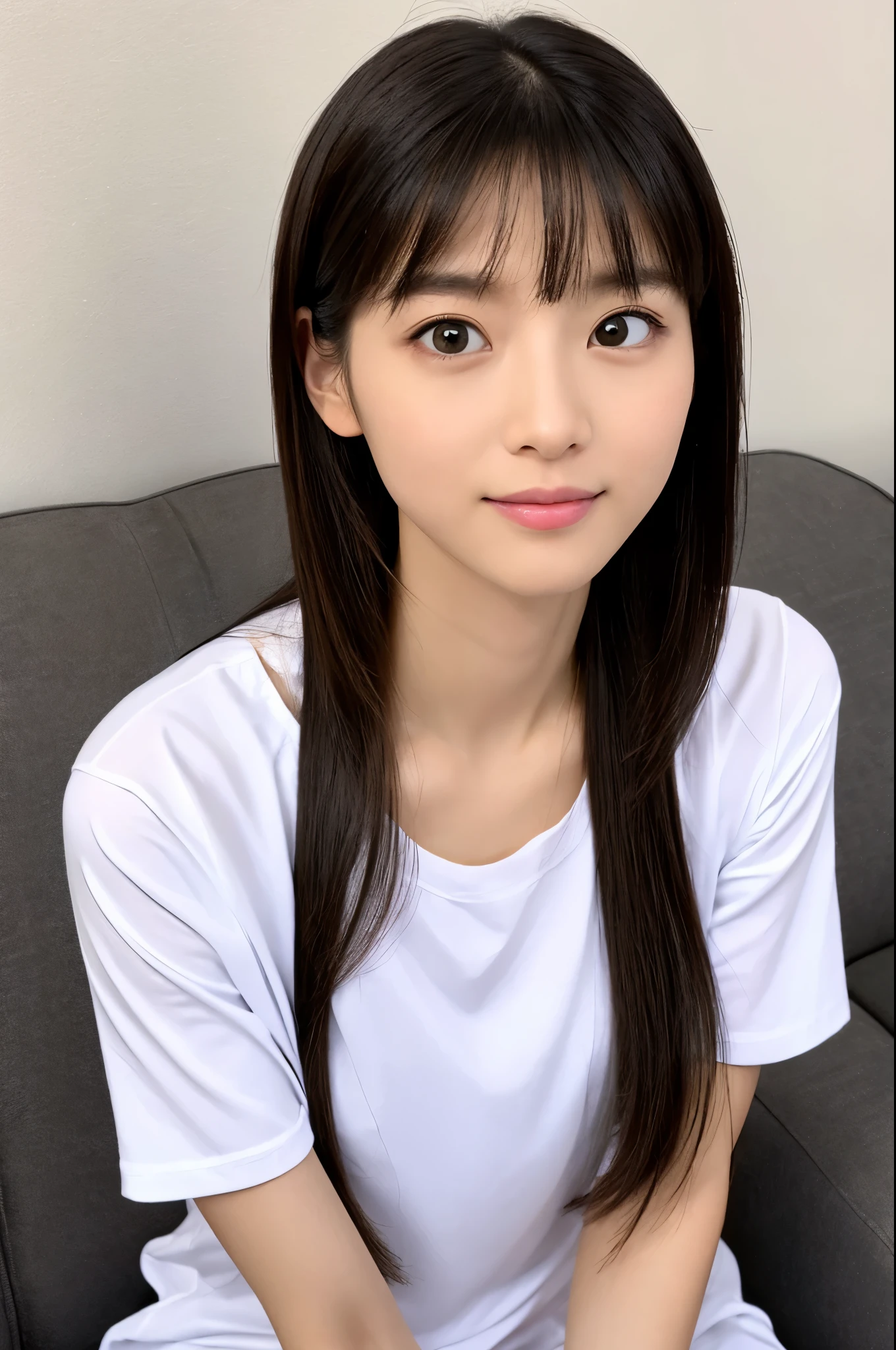 High quality, Masterpiece, Ultra-High-Resolution, (Photorealistic:1.4), Skinny Japanese lady, 30 years old, cute face, detailed face, detailed eyes, white T-shirt, black leggings, sitting on a table,