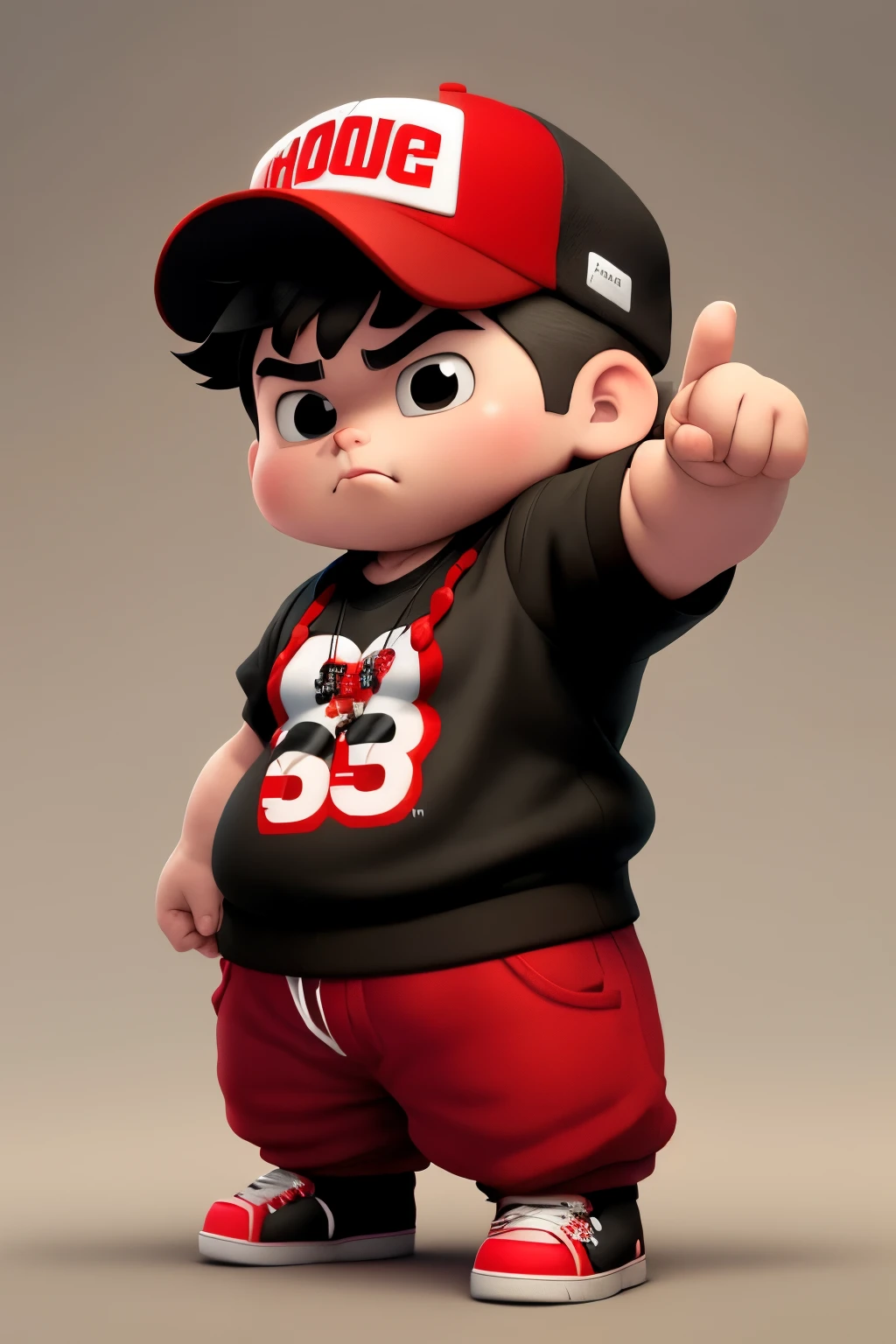 Fat hip hop male dancer Super Mexican style 30 years, Nice Chibi, Super chic, perfect finger, clothing color: red, black and white, street fashion hats, writing shirt "hip hop", Do hip hop poses using your arms., Clothes without prints, simple background,........3D, 8k,