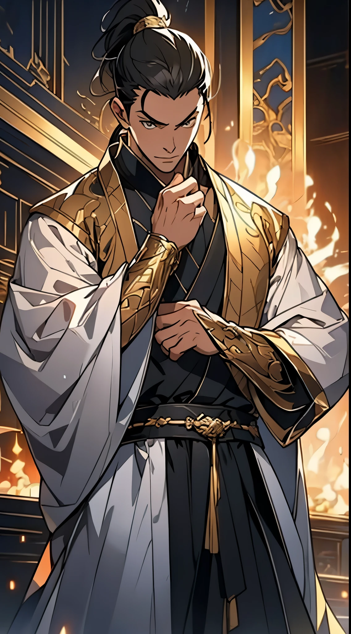 Two dimensions，anime style，one person（male warrior），proportions are correct，facial details，swordsman，high ponytail hairstyle，neck detail，Have an Adam&#39;s apple，Black and gold robe，joke，Black and gold robe，clothing details，Hand over，long sleeves，Game quality，fencing，Ray tracing，Ray tracing，Detailed glow，CG rendering，hair details，Long black and blond hair，Black-gold eyes，Handsome，Handsome，（Youthful feeling），Costumes are complicated，Perfect composition，refine，high quality，higher details，many details，Complex background，a sense of atmosphere，