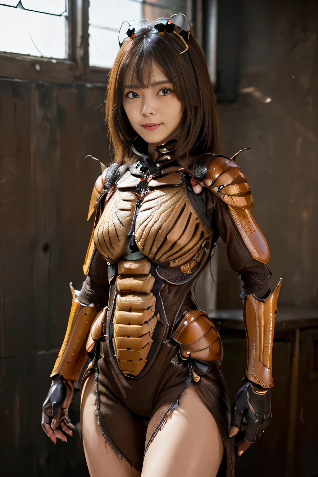(High resolution,masterpiece,highest quality,Very detailed CG, anime, official art:1.4), realistic, photograph, amazing detail, everything is complicated, shiny and glossy,Amazing number of layers, 8K wallpaper, 3D, sketch, cute, figure,( alone:1.4), perfect female proportions,villain's daughter, (Fusion of dark brown cockroach and lady:1.4), (brown cockroach woman:1.2), (brown cockroach woman:1.2), (Fusion:1.2), (alone:1.4), (evil smile:1.2), muscular, abs, (Cockroach brown exoskeleton bio insect suit:1.4), (Cockroach brown exoskeleton bio insect armor:1.2), (brown transparent cockroach feathers:1.4), (Antennae of brown cockroaches:1.3),