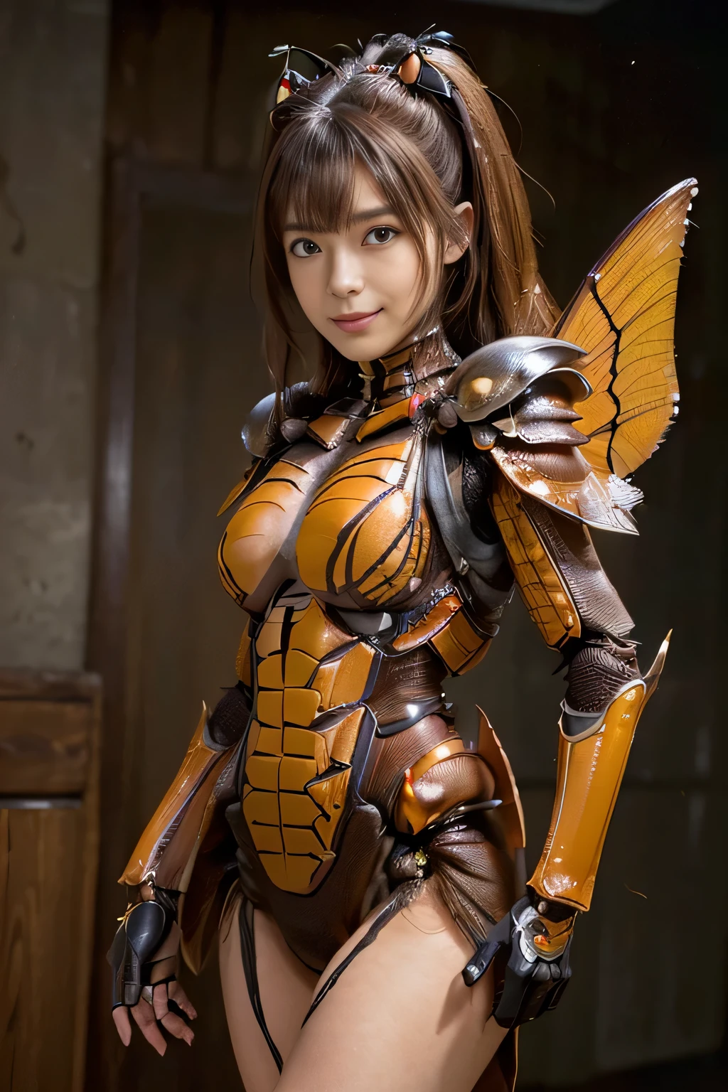 (High resolution,masterpiece,highest quality,Very detailed CG, anime, official art:1.4), realistic, photograph, amazing detail, everything is complicated, shiny and glossy,Amazing number of layers, 8K wallpaper, 3D, sketch, cute, figure,( alone:1.4), perfect female proportions,villain's daughter, (Fusion of dark brown cockroach and lady:1.4), (brown cockroach woman:1.2), (brown cockroach woman:1.2), (Fusion:1.2), (alone:1.4), (evil smile:1.2), muscular, abs, (Cockroach brown exoskeleton bio insect suit:1.4), (Cockroach brown exoskeleton bio insect armor:1.2), (brown transparent cockroach feathers:1.4), (Antennae of brown cockroaches:1.3),