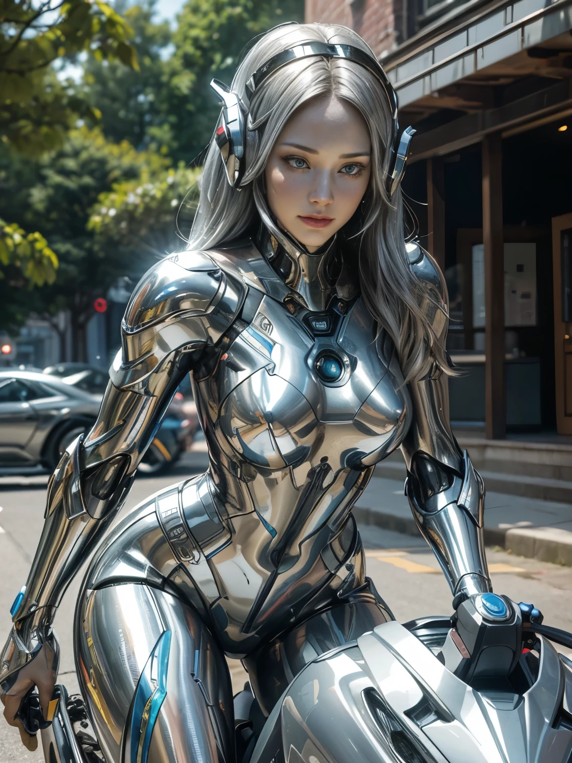 25 year old colossus style woman，(((A woman with a mechanized body))), slime, Dynamic Posedium: 1.3), (realistic:1.5), (realistic:1.4), 8k, Super detailed beautiful girl, 1 girl, (a sunny day:1.5), intricate body details, (short: 1.3), (highest quality: 1.0), (Super high sharpness: 1.0), (Silvery hair:1.4),（Beautiful and detailed eye depiction）,(riding a futuristic motorcycle:1.4),unreal engine:1.4,photorealistic:1.4, skin texture:1.4, master piece:1.8,highest quality at best,(Wearing a communication headset、future city