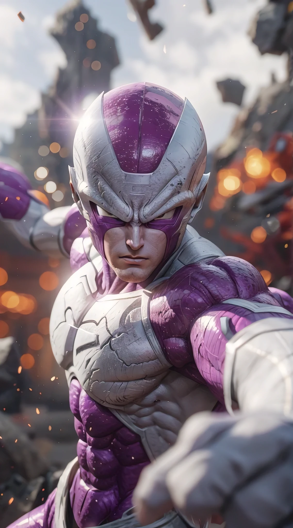 large frieza of dragonball super series in fight pose scene, launch Genkidama sphere, in the style of Daredevil from Marvel, 8k UHD, intricate details, full body profile