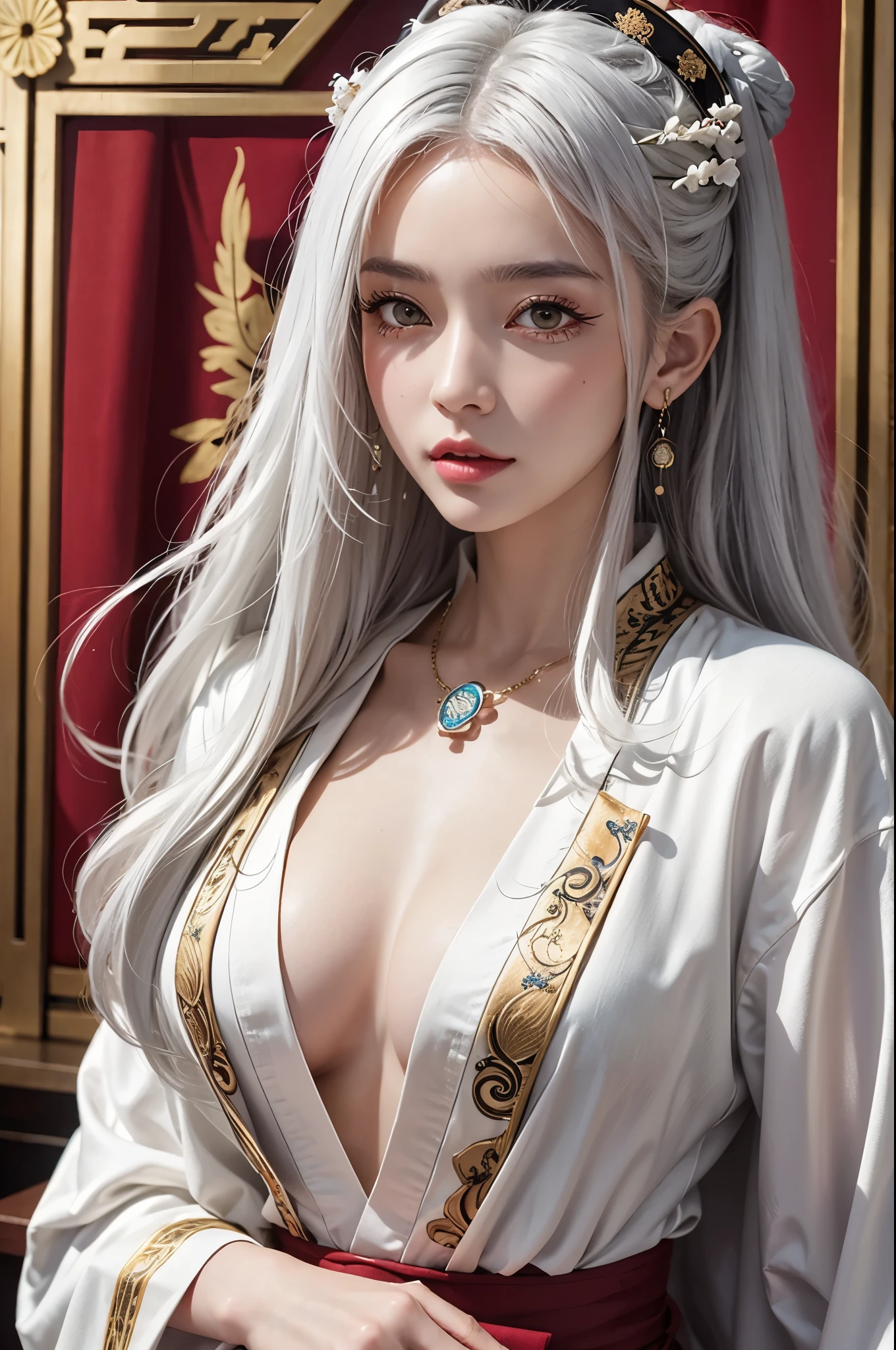 lifelike, high resolution, 1 female, alone, Buttocks up, look at the audience, (Detailed face), white hair, long hair, Colorful Taoist Robes,oversize clothes, midway portrait, jewelry