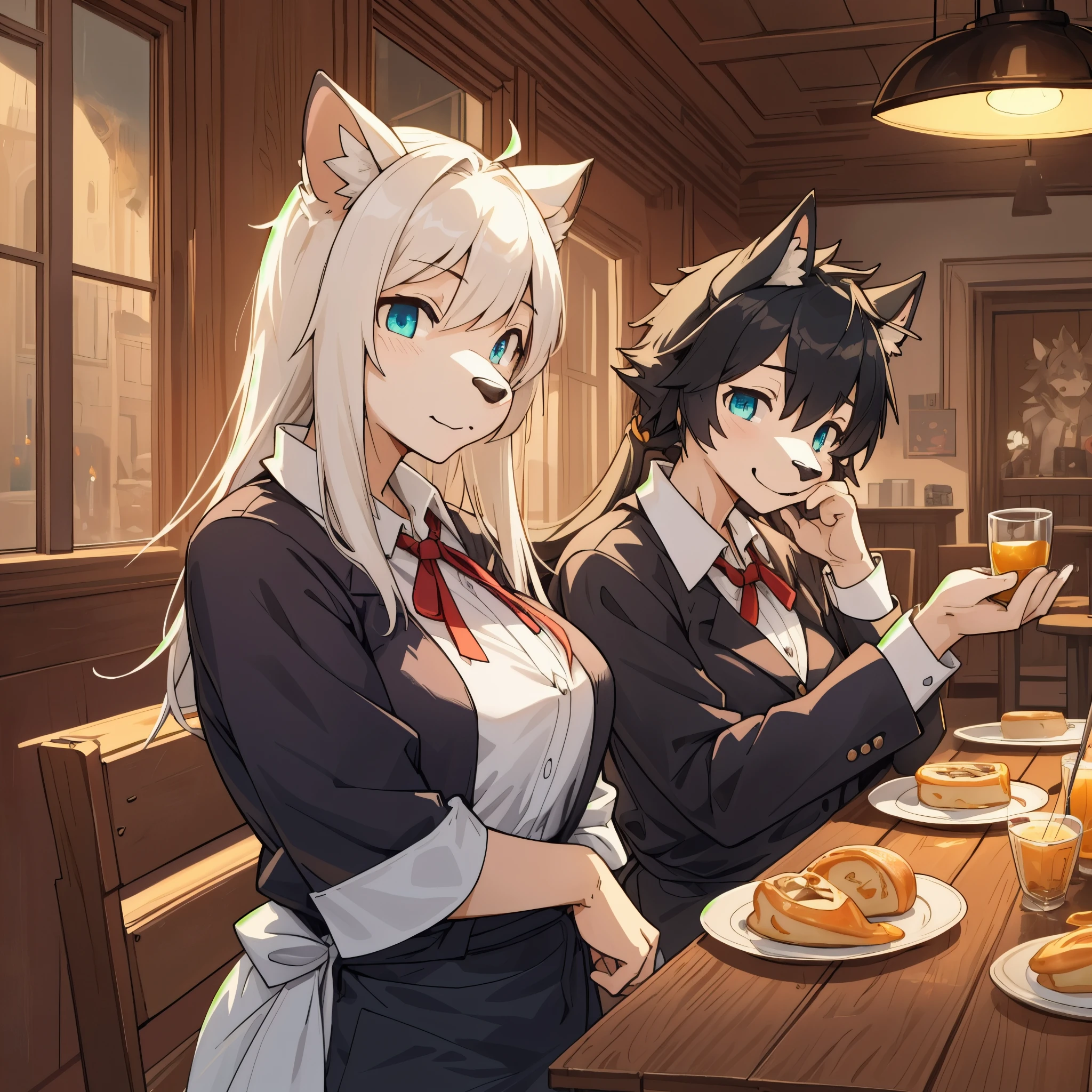 top quality, best quality, High-quality illustrations, masterpiece, super high resolution, detailed background, Casual reutaurant interior, part-time job, waiter, 6+boys, 6+girls, absurdres(highly detailed beautiful face and eyes)perfect anatomy, expression, good lighting, cinematic shadow(kemono, furry anthro)assorted poses, dynamic angle,