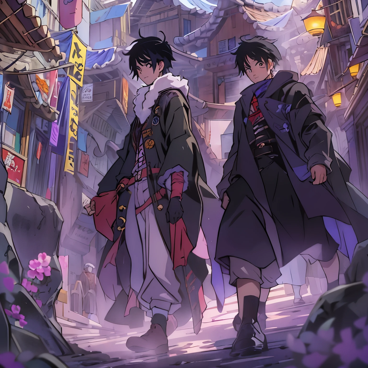 (Masterpiece:1.3), (Best quality:1.3), 8K, Boy, One, Boy, Black hair, Coat, short hair, (Luffy'Face:0.5), (Zorro'Face:0.5), full length