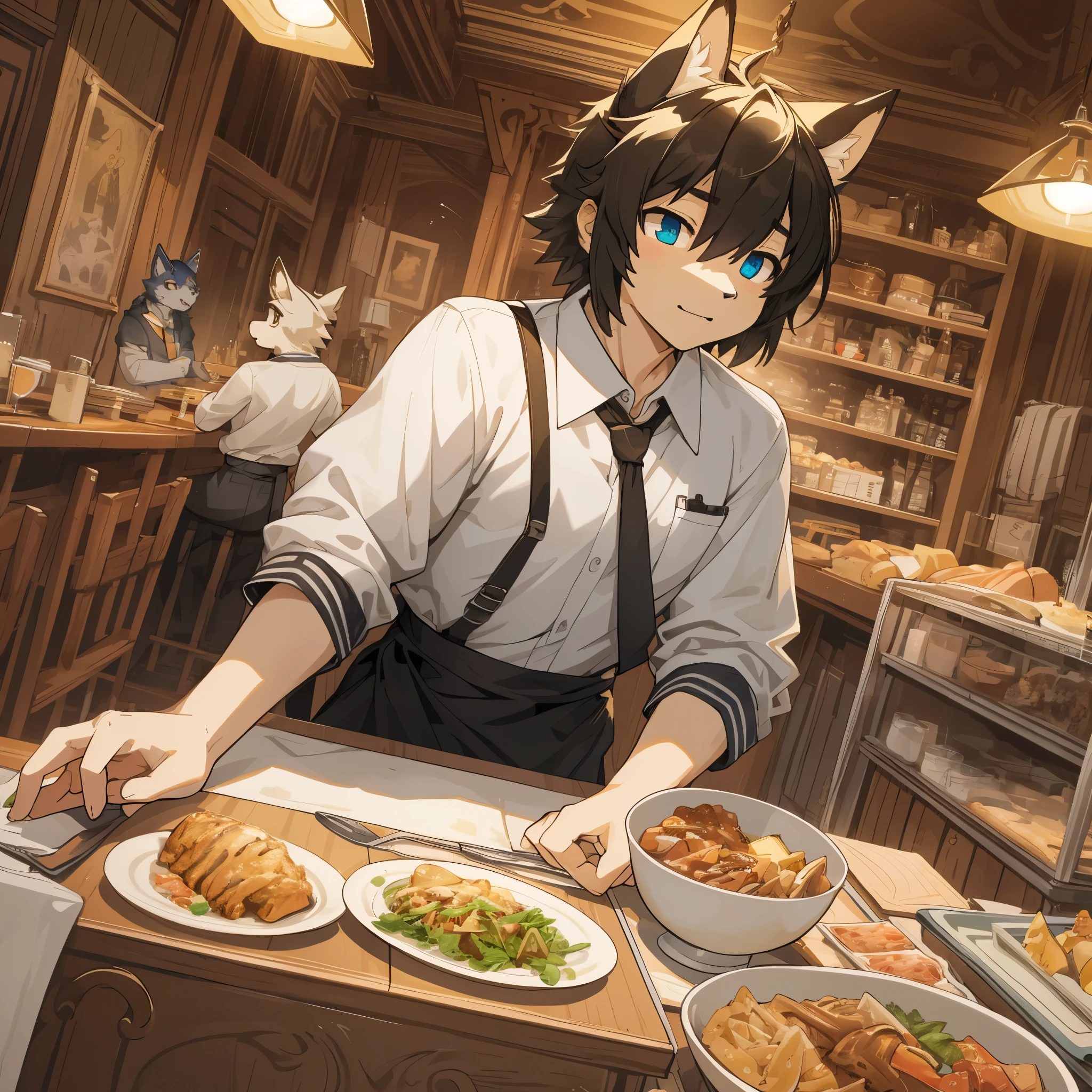 top quality, best quality, High-quality illustrations, masterpiece, super high resolution, detailed background, Casual reutaurant interior, part-time job, waiter, 6+boys, 6+girls, absurdres(highly detailed beautiful face and eyes)perfect anatomy, expression, good lighting, cinematic shadow(kemono, furry anthro)assorted poses, dynamic angle,