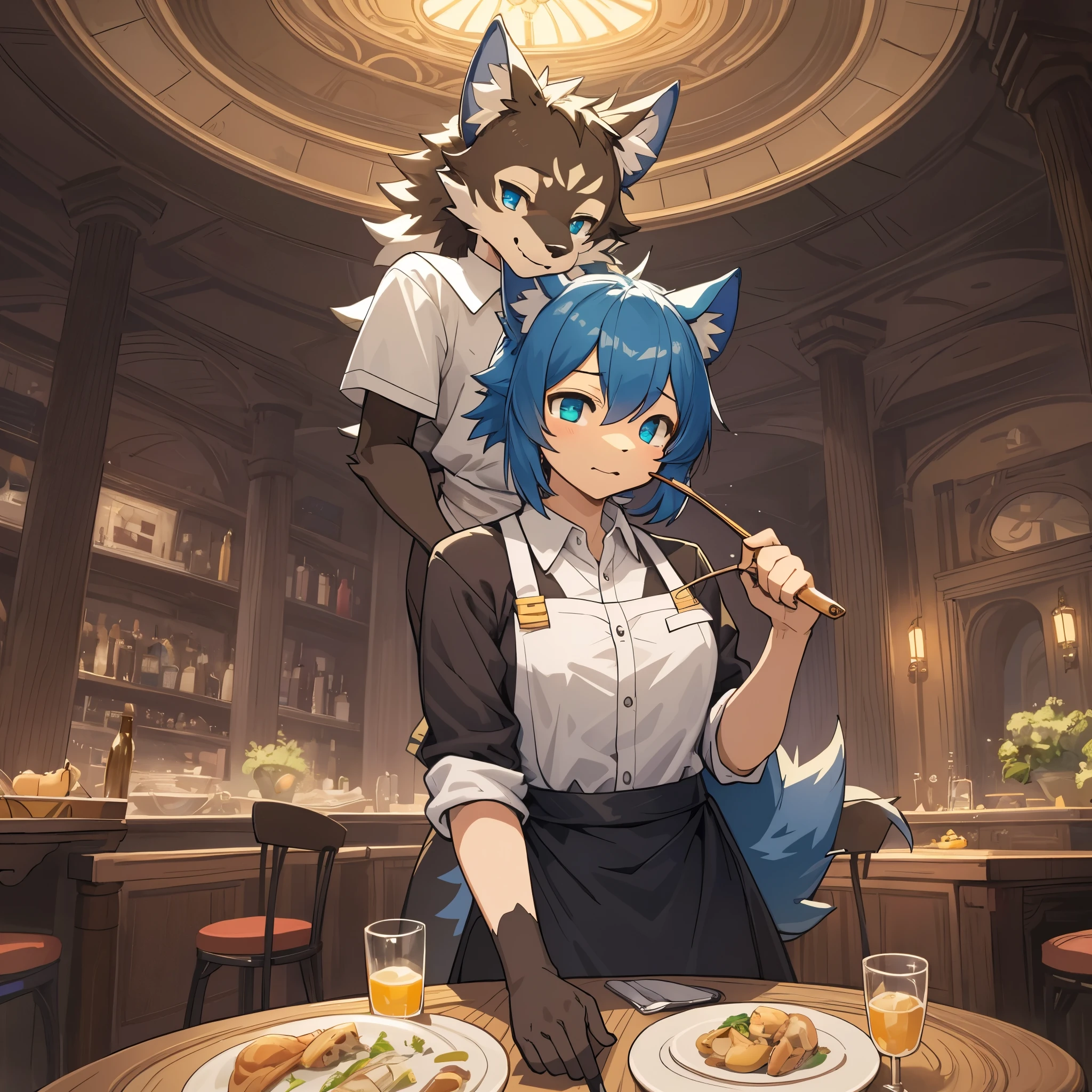 top quality, best quality, High-quality illustrations, masterpiece, super high resolution, detailed background, Casual reutaurant interior, part-time job, waiter, 6+boys, 6+girls, absurdres(highly detailed beautiful face and eyes)perfect anatomy, expression, good lighting, cinematic shadow(kemono, furry anthro)assorted poses, dynamic angle,